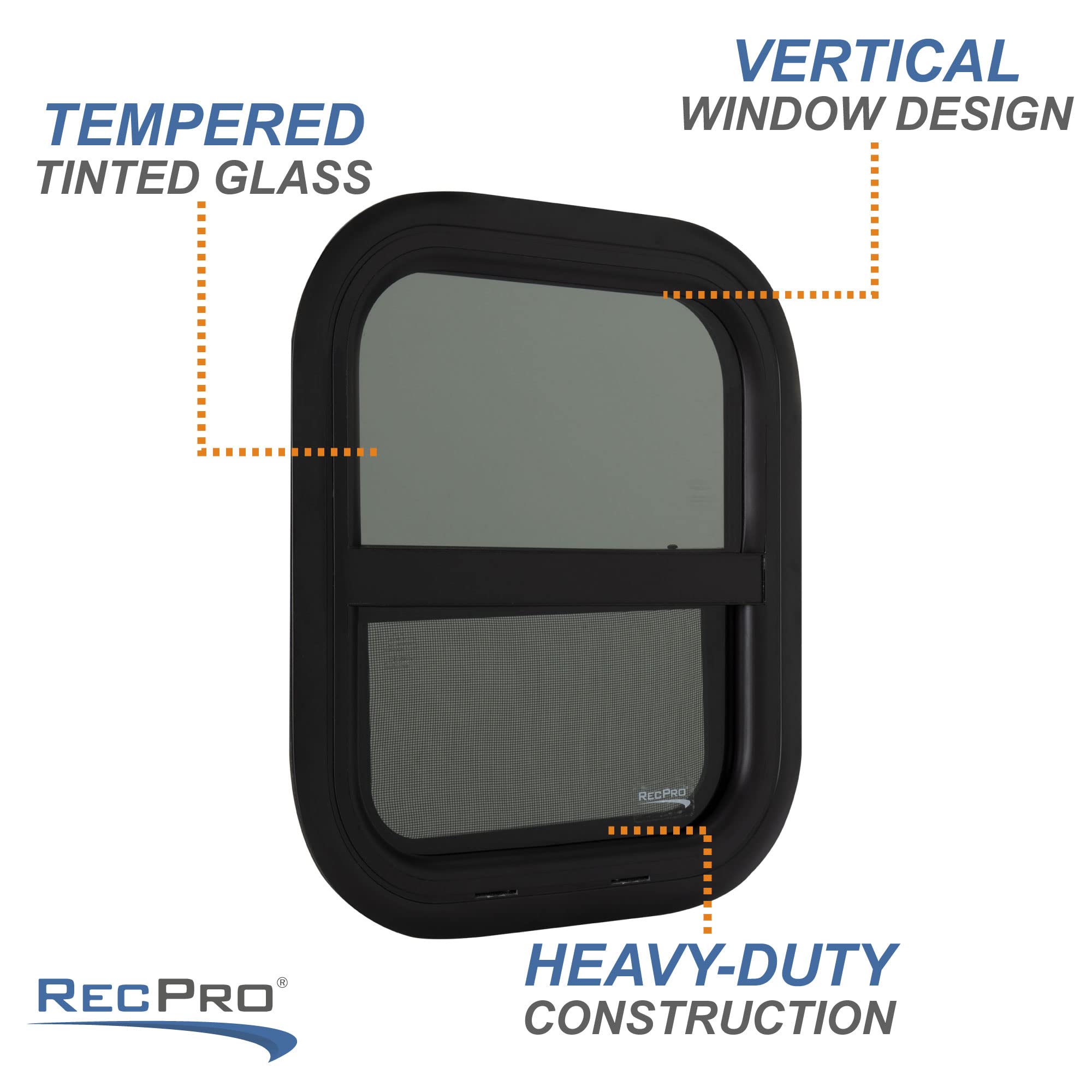 RecPro RV Window Replacement, Teardrop Style, Vertical Sliding, 14inW x 16inH, Black, Model RP-WIN, Made in USA