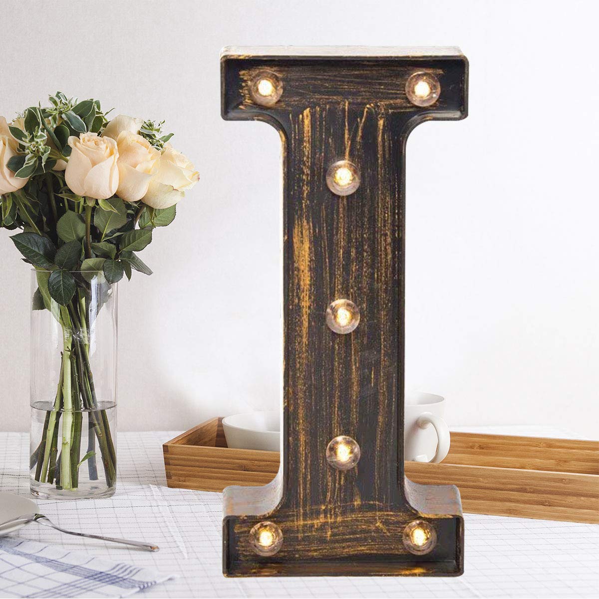 OYCBUZO Golden Black Led Marquee Letter - Industrial, Vintage Style Light Up Alphabet Letter Sign for Cafe Wedding Birthday Party Christmas Lamp Home Bar Initials Decor - I