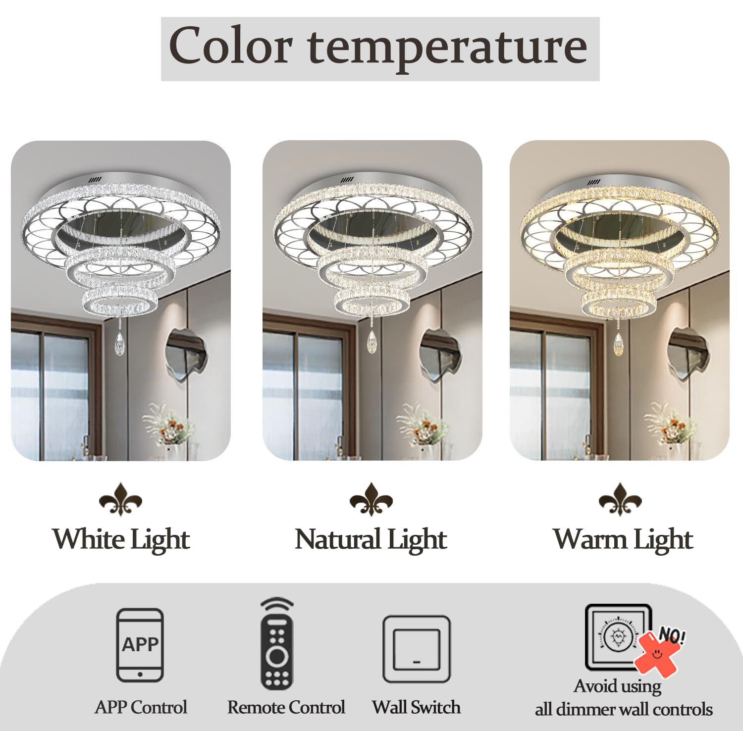 Flashing God 32" Modern Crystal Chandelier LED Flush Mount Light - Silver, Dimmable 2700K/4500K/6000K, Model MMQ0268-1-F