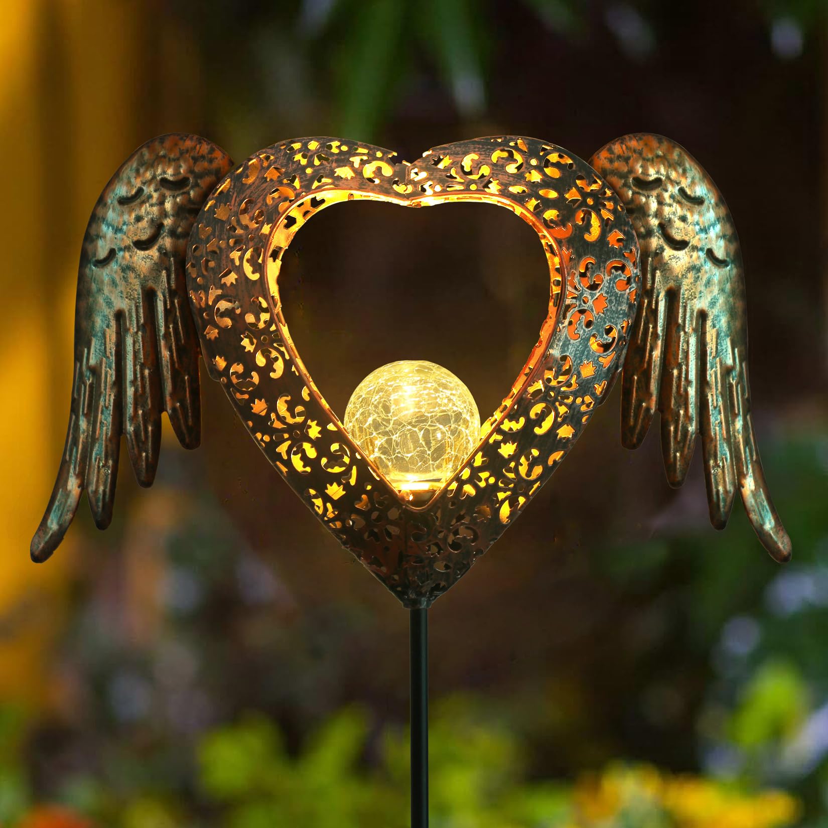 KAIXOXIN LEDs Solar Stake Lights for Garden Metal Warm White, Memorial Gift - Perfect as Remembrance & Sympathy Gifts (Heart-Bro