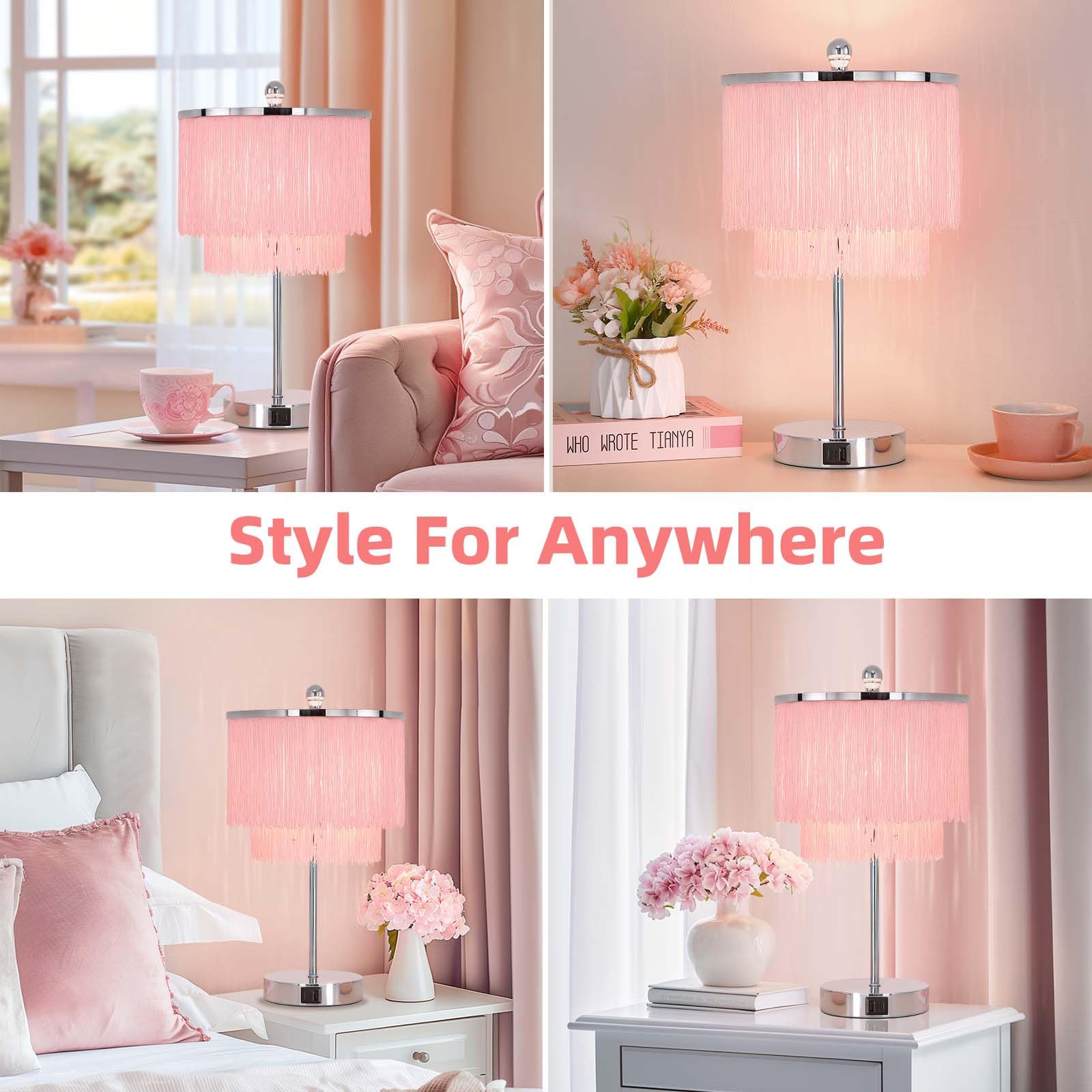 Pink Lamp For Girls Room, 3-Way Dimmable Touch Lamps With Usb Port, Girls Lamp With Tassel Lampshade, Pink Table Lamp For Bedroo