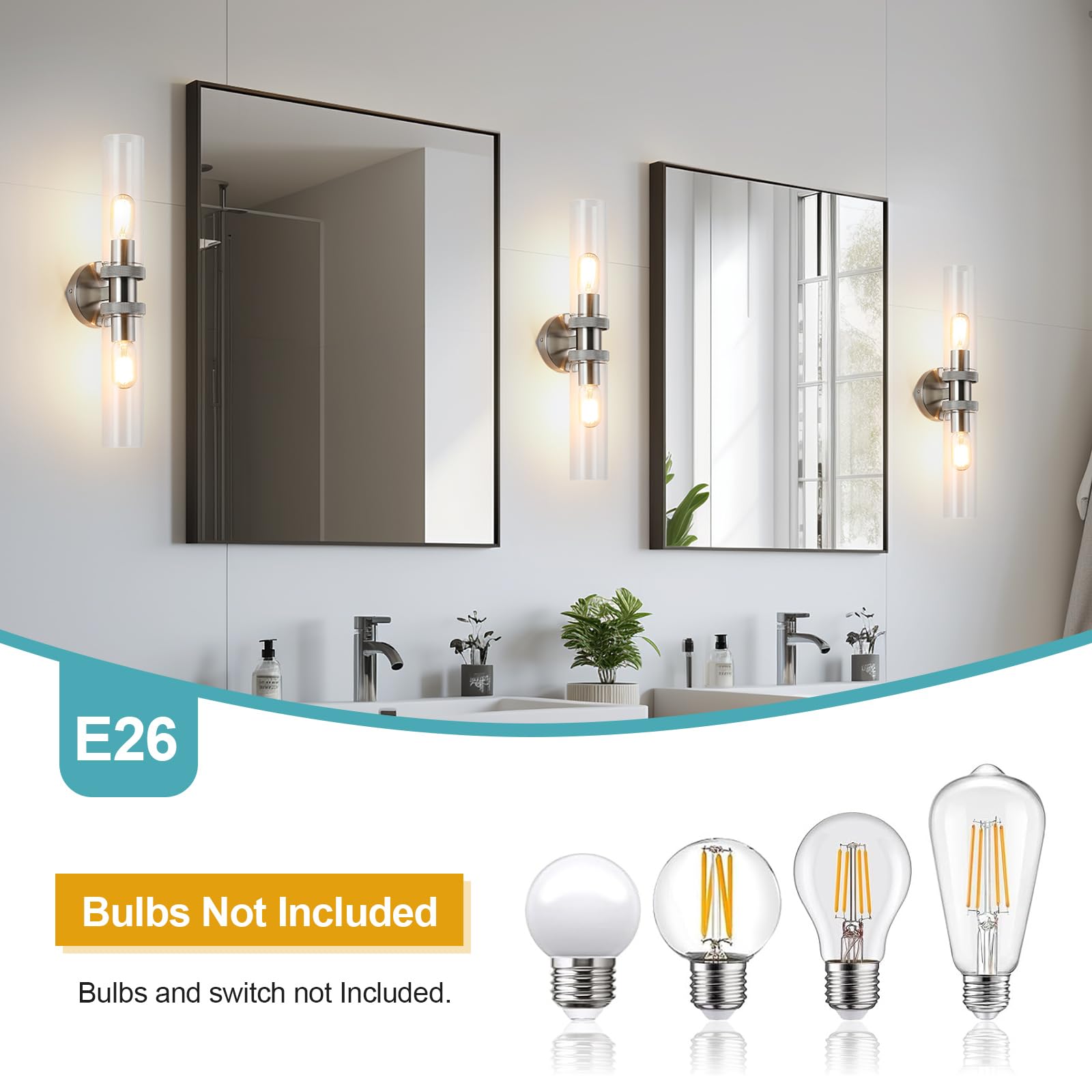 Ecobrt 2 Light Bathroom E26 Vanity Light Brushed Nickel, Bathroom Light Fixtures Side Mirror, Vintage Wall Lamp For Bedroom, Mod