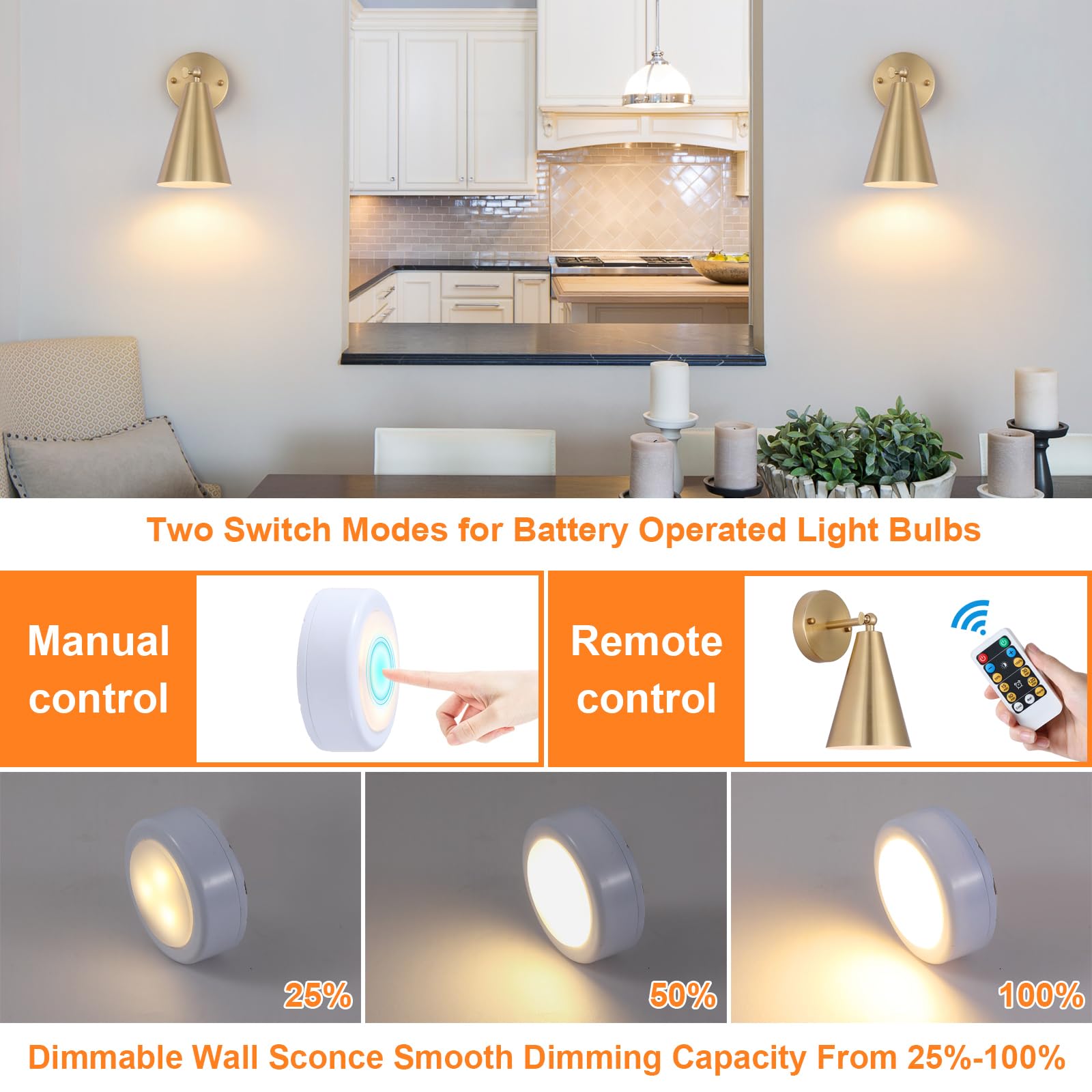 MWZ Gold Wall Sconces Set of Two, Wireless Dimmable Lighting with Remote, Adjustable Angle, Model W-XL115