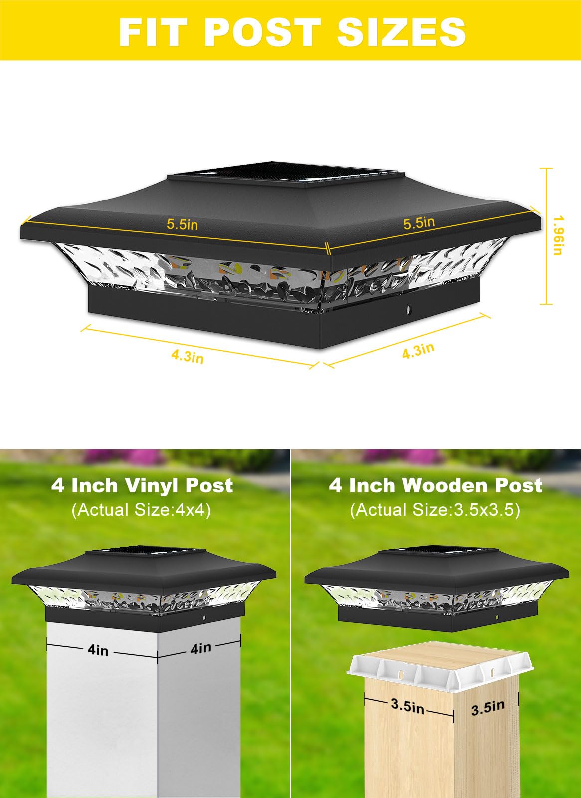 T-Sun 4X4 Fence Post Solar Lights Outdoor Waterproof - Auto Dusk To Dawn Solar Lighting For Deck  Vinyl/Wooden Posts | 12 Pack Weatherproof Warm & Cool White Patio Lights (Black)