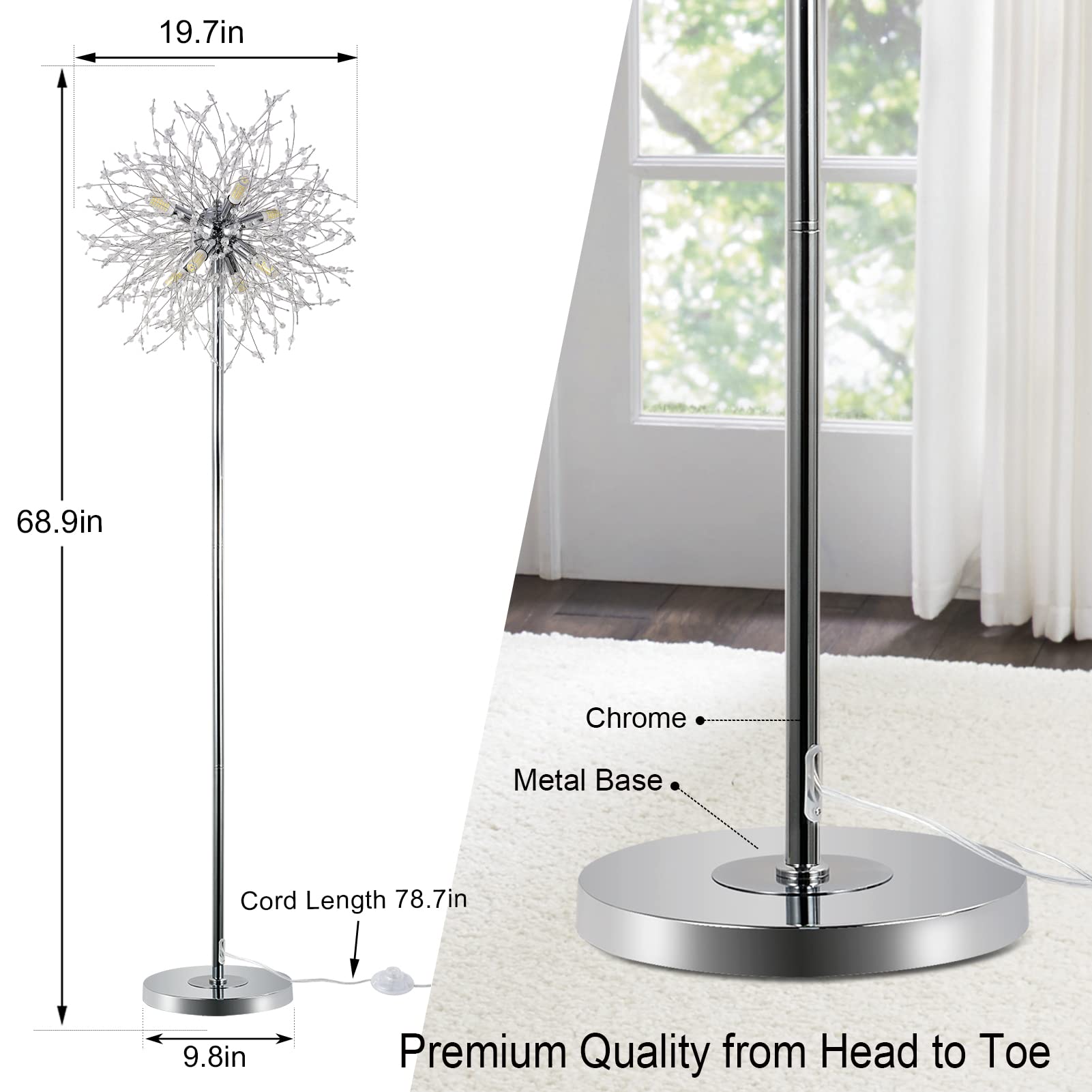 Airposta Floor Lamp, 69in Tall, Chrome Finish, Modern Design, Stainless Steel, Model Airposta-MCF001, Ideal for Bedroom and Living Room Decor
