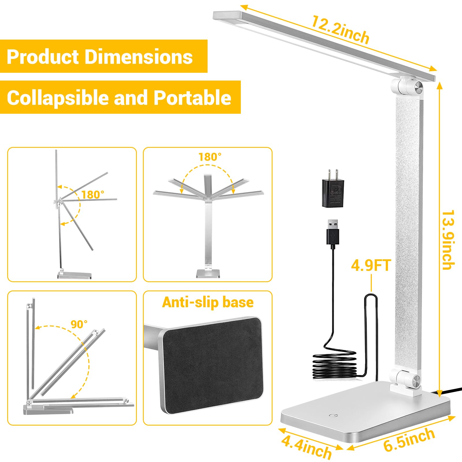 Led Desk Lamp For Home Office, 3 Levels Dimmable Desk Light With Usb Charging Port, Small Study Lamp, Reading Light For Table, S