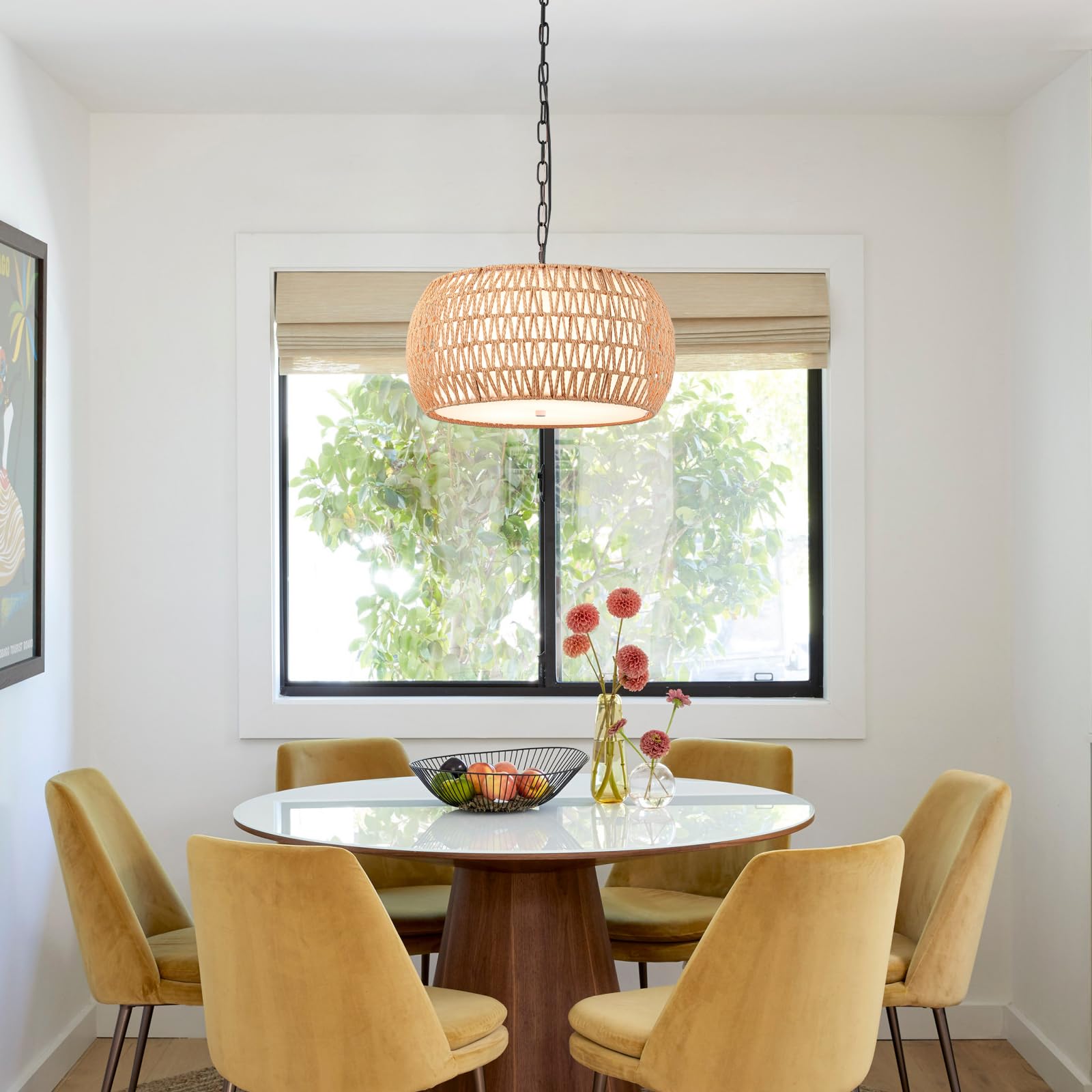 MEIXISUE Boho Rattan Chandelier, 5-Light Drum Pendant, 18" Natural Fabric Shade, UL Listed for Dining Room & Kitchen Island