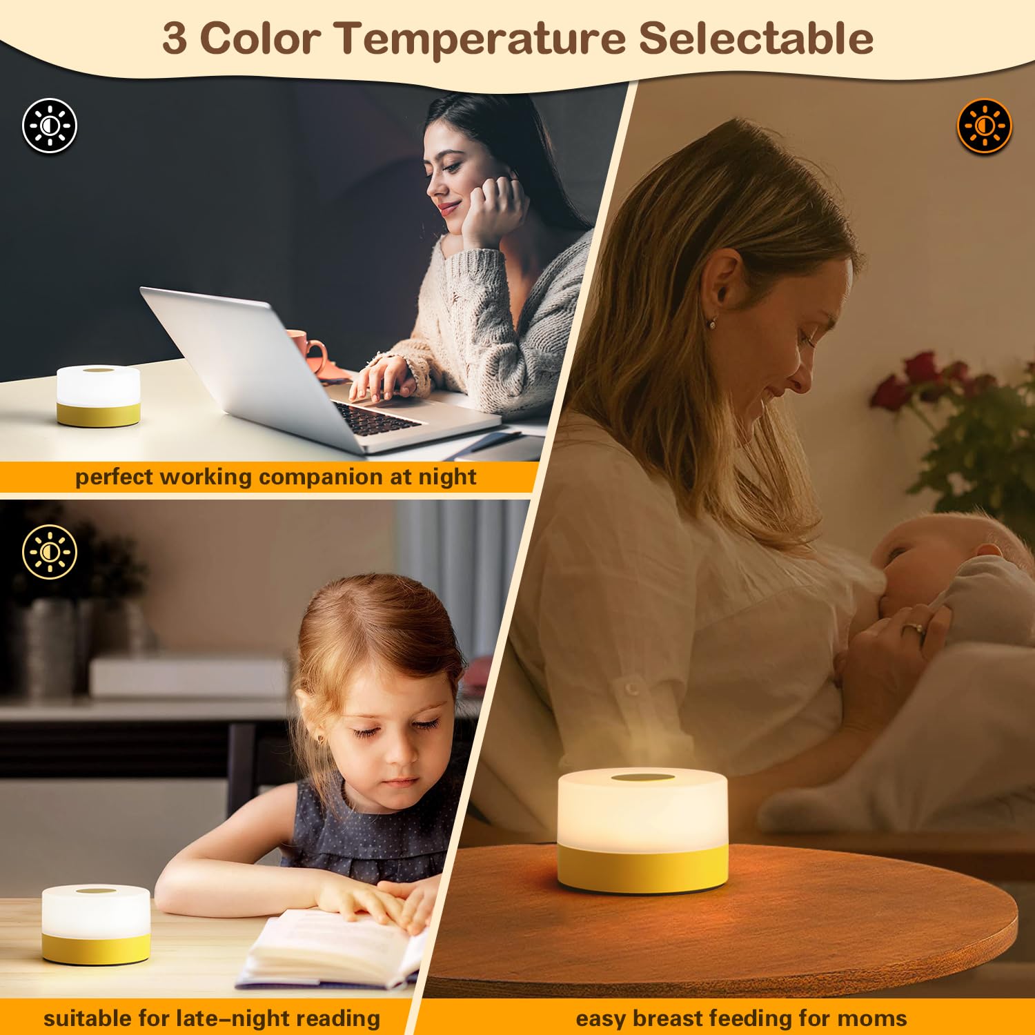 JUSHENG USB Rechargeable Touch Lamp, 3CCT Dimming Function, Portable Night Light for Baby Nursery, Bright Yellow, Model CG0025YL