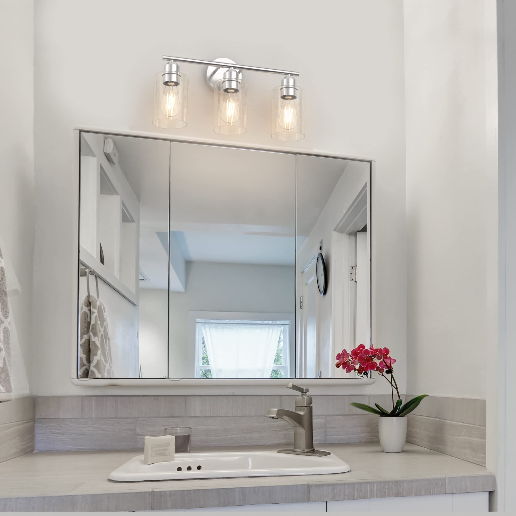 Espird 3 Light Bathroom Vanity Light Fixture, Modern Nickel Wall Lighting With Glass Shade, Ul Listed