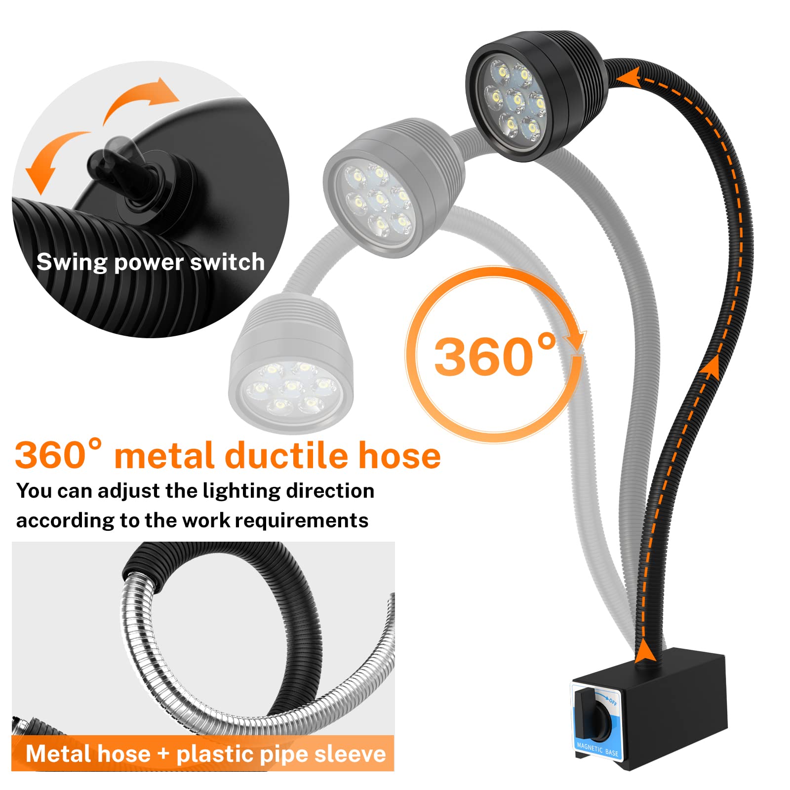 Magnetic Work Light, Led Magnetic Lamp, Ip65 Water Proof Flexible Gooseneck Lamp 1400 Lumens For Lathe Milling, Drill Press, Industrial Lighting,With 12T Magnetic Base…