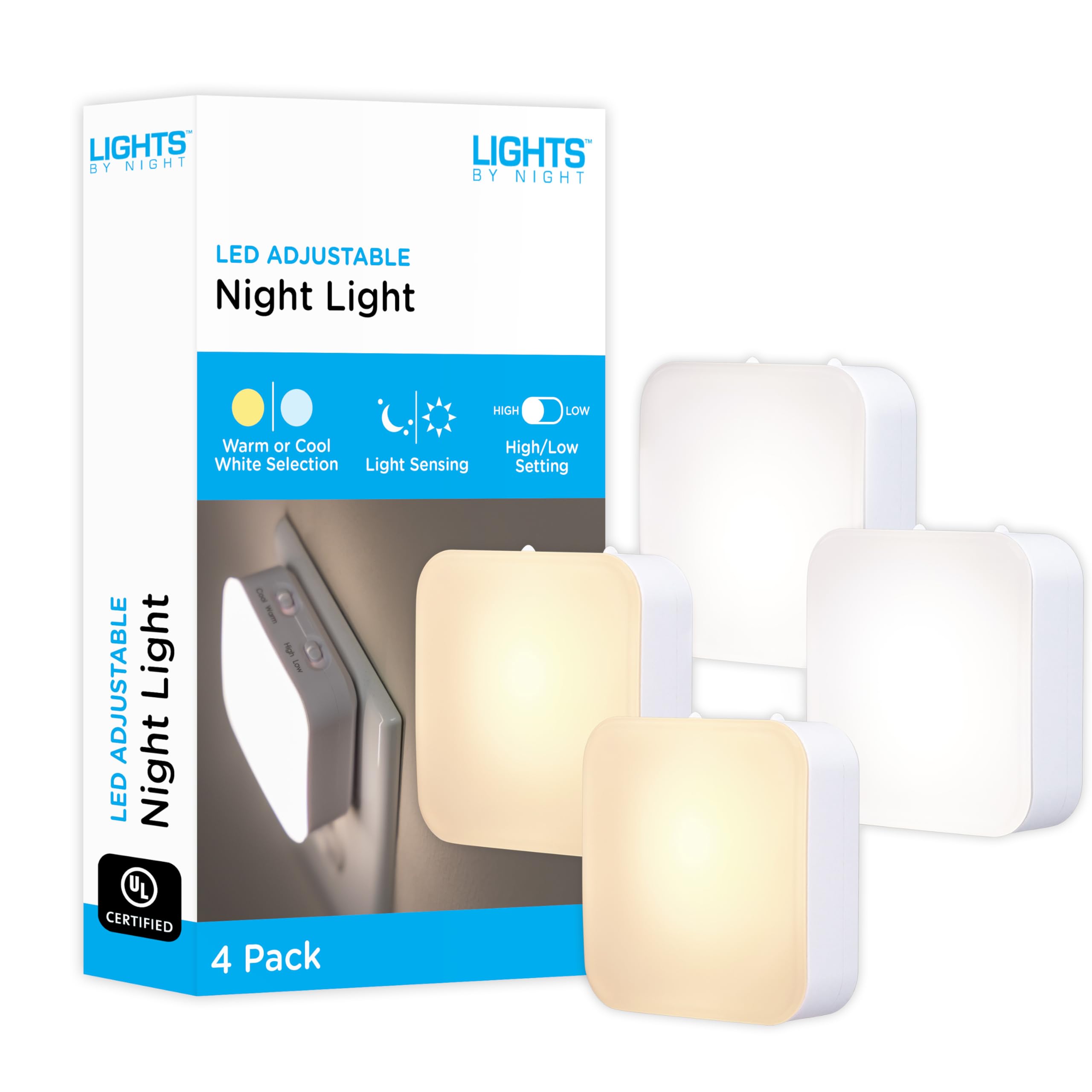 Lights by Night Dimmable LED Night Light, Plug-in, Dusk to Dawn Sensor, Adjustable, Compact, 4 Settings, Ambient Lighting, for K