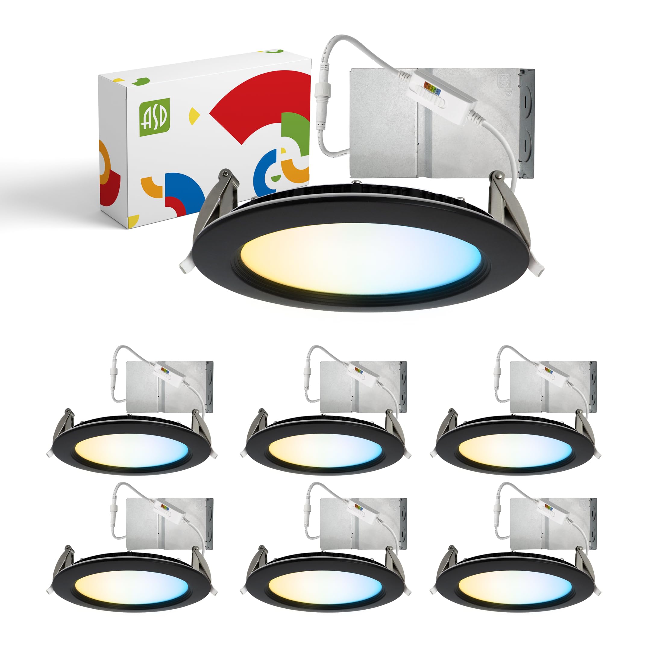 ASD Recessed Lighting 6 Inch Round Commercial LED Downlight, Mini Panel Baffle Trim, 15W 120-277V, 5 CCT 2700K/3000K/3500K/4000K