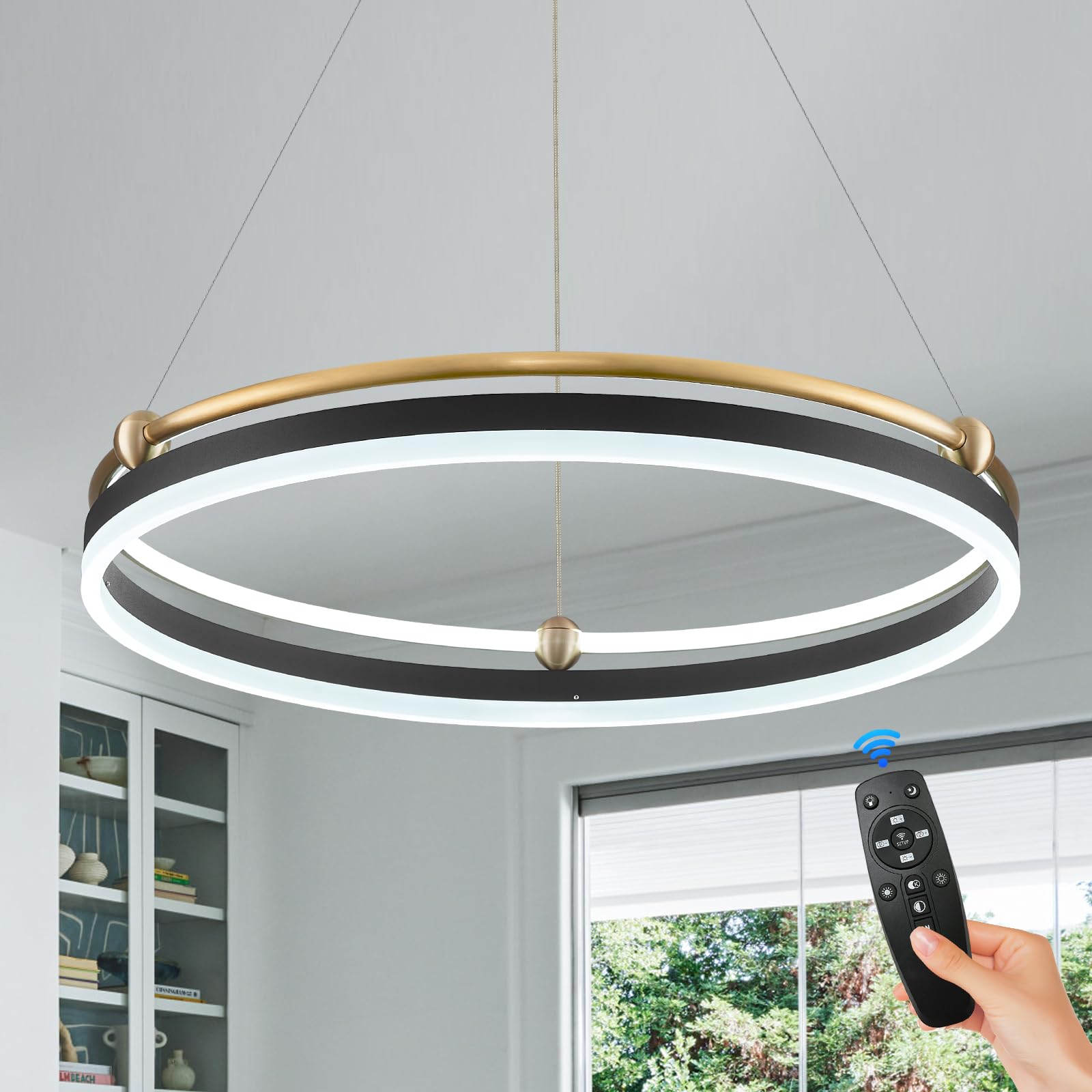 Benkut Modern Led Pendant Light 23.6" Black Gold Dimmable Circular Led Chandelier 1 Ring With Remote, Round Hanging Light For Kitchen Island Dining Room Living Room Foyer Entryway, 2-Ring Lighting