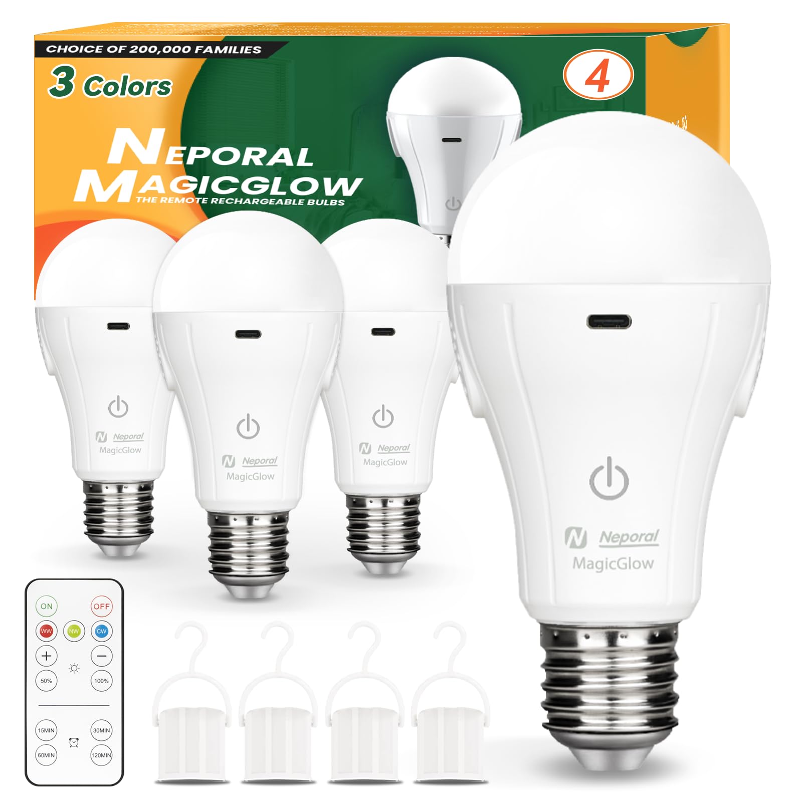 Neporal MagicGlow Rechargeable Light Bulbs with Remote, 3 Colors Shift + Stepless Dimmable Battery Powered Light Bulbs, USB Rechargeable, A19 Emergency LED Light Bulbs, 15W, Up to 24 Hours