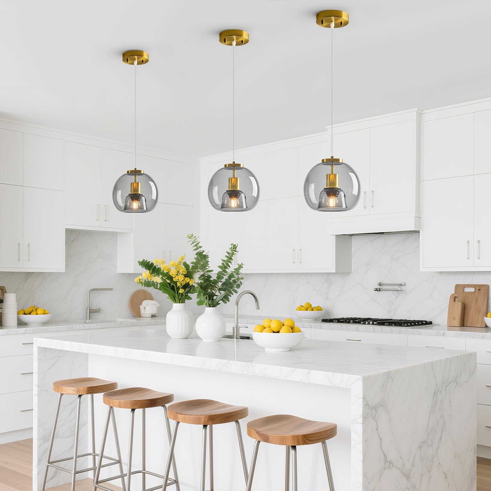 Lbsqj Light Grey Glass Pendant Lights Kitchen Island Gold Hanging Light Fixture Glass Globe Pendant Light Modern Pendant Lighting For Kitchen Island Bedroom Dining Room (7.87  3 Pack)