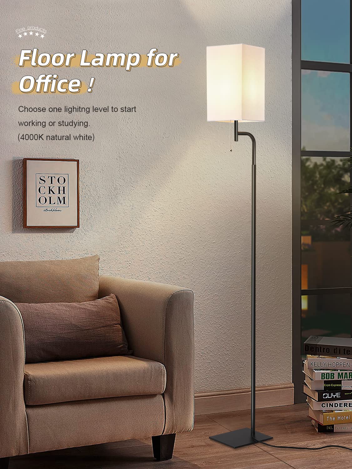 Iporovon Floor Lamp, Modern Tall Lamp with Square Linen Shade, 3 Color Temperatures, White, Model FL-230217