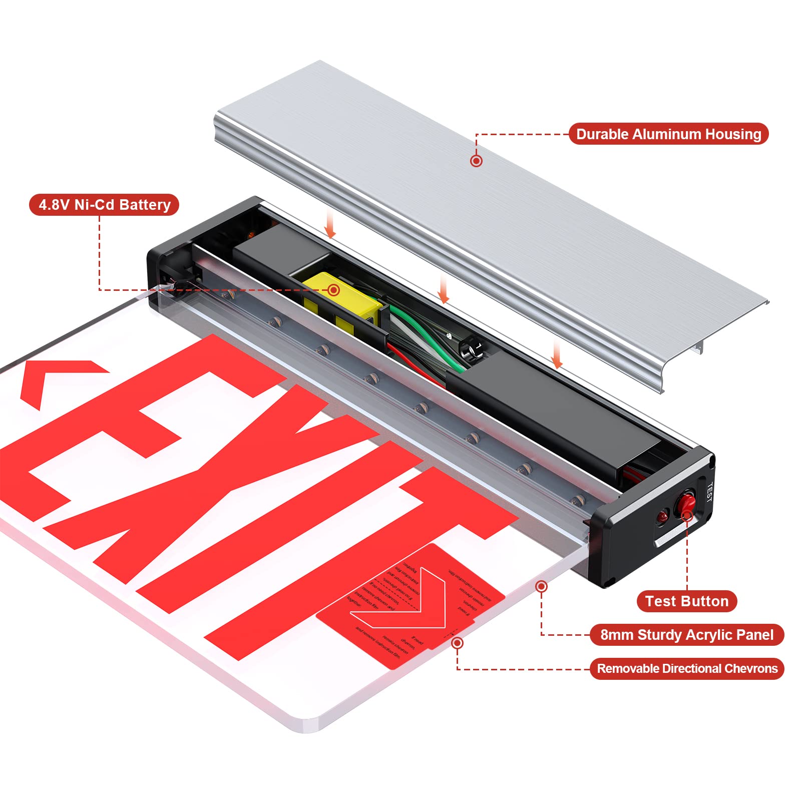 Led Edge Lit Exit Sign Aluminum Housing Ac 120-347V Emergency Exit Light With Battery Backup Single Sided Acrylic Clear Panel Commercial Exit Signs, Top/Side/Wall Mount, Ul Certified (1 Pack, Red)