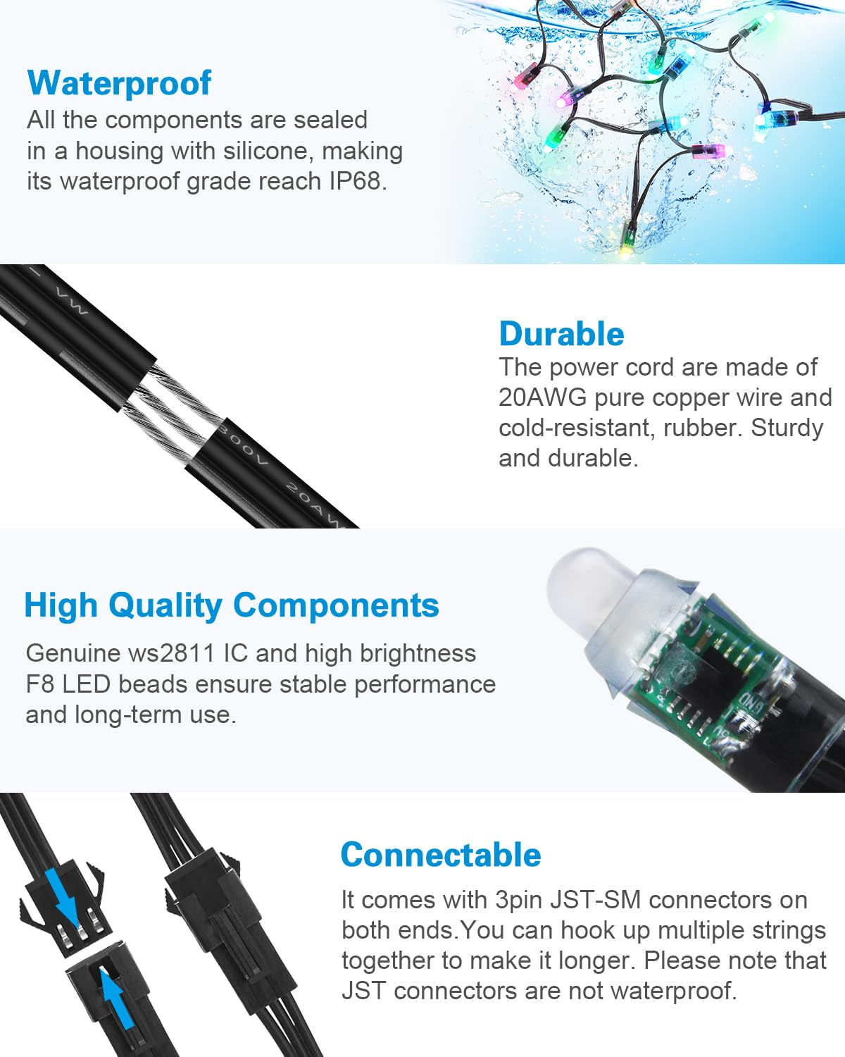 ALITOVE WS2811 LED Pixel Light 50pcs 5V RGB Waterproof Module Round Black Wire