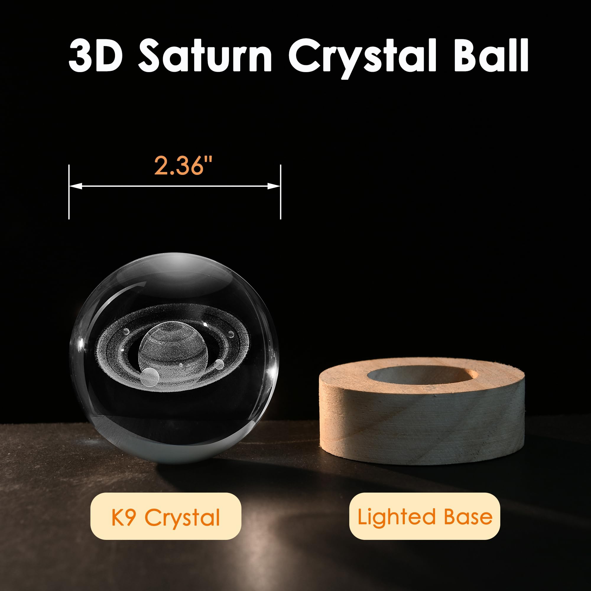Ifolaina 3D Saturn Crystal Ball 2.36'' Laser Engraved Glass Planet Sphere Gifts With Colorful Lighted Base Decorative Glass Ball