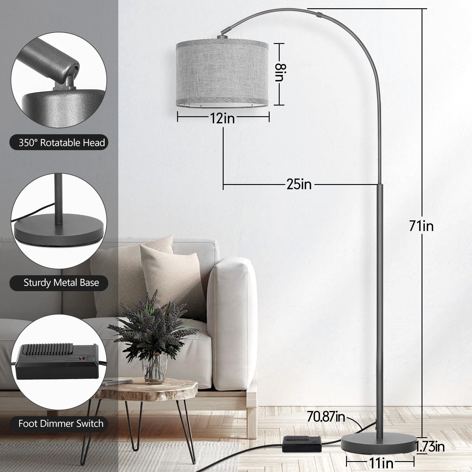 Arc Floor Lamp With Dimmer, Dimmable Floor Lamp For Living Room, Modern Standing Lamp With Gray Adjustable Hanging Shade, Tall P