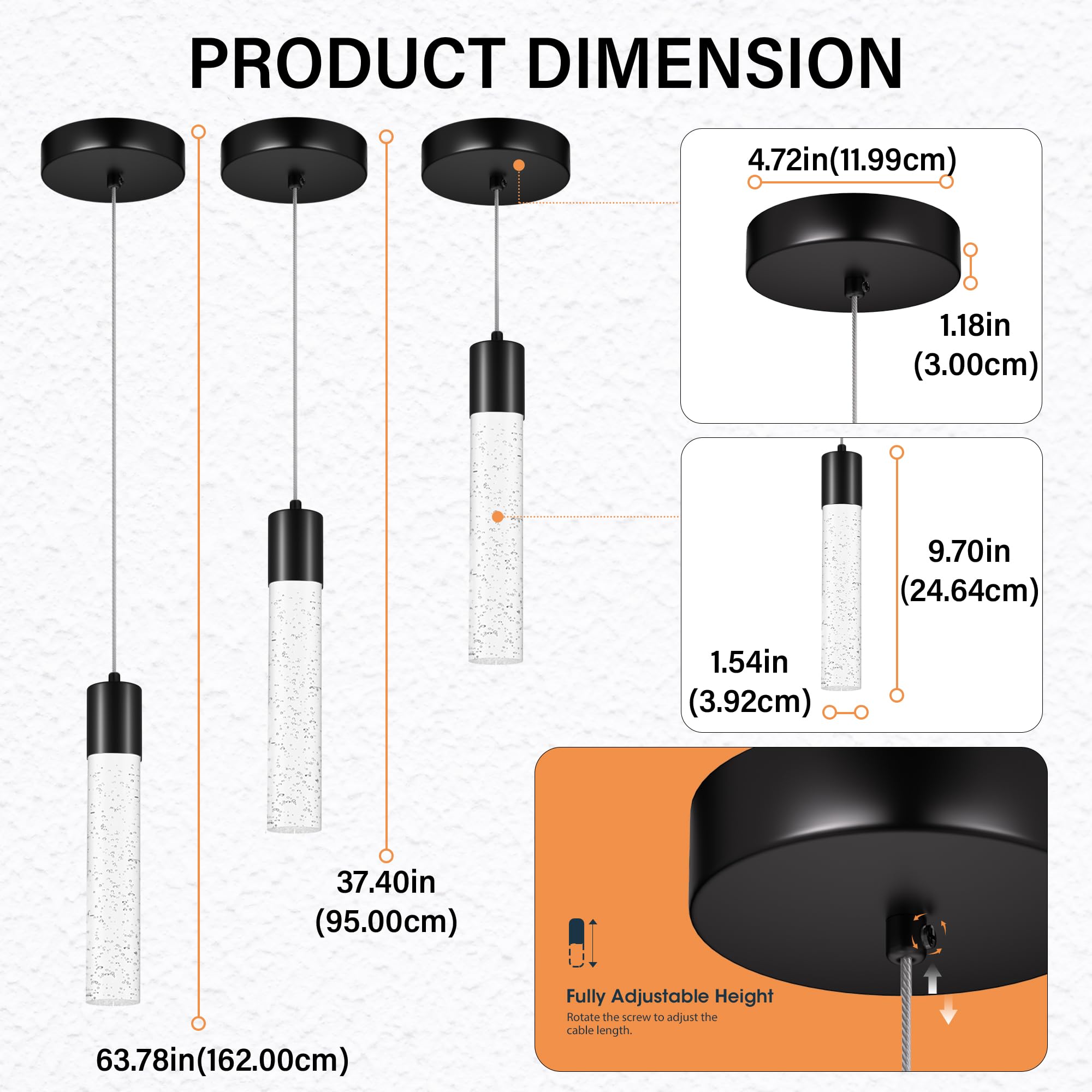 Esfos Kitchen Island Pendant Lights, 3 Pack Brushed Black Crystal Bubble, Integrated LED, Model L11-3-BK, 6500K