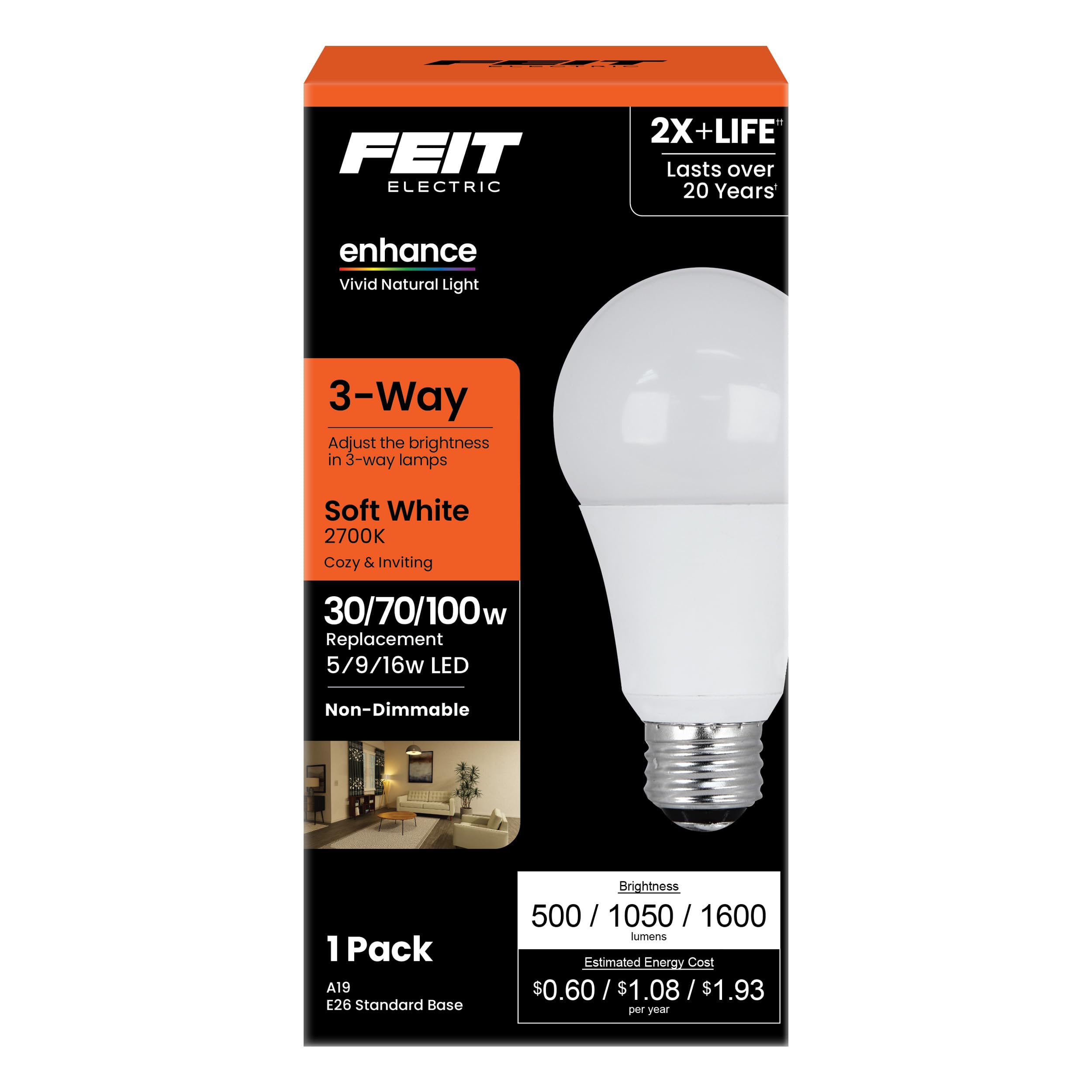 Feit Electric A19 Led Light Bulb, 3-Way Adjustable Wattage 30/70/100W Equivalent, E26 Base, Non-Dimmable, 1600 Lumen, 2700K Soft
