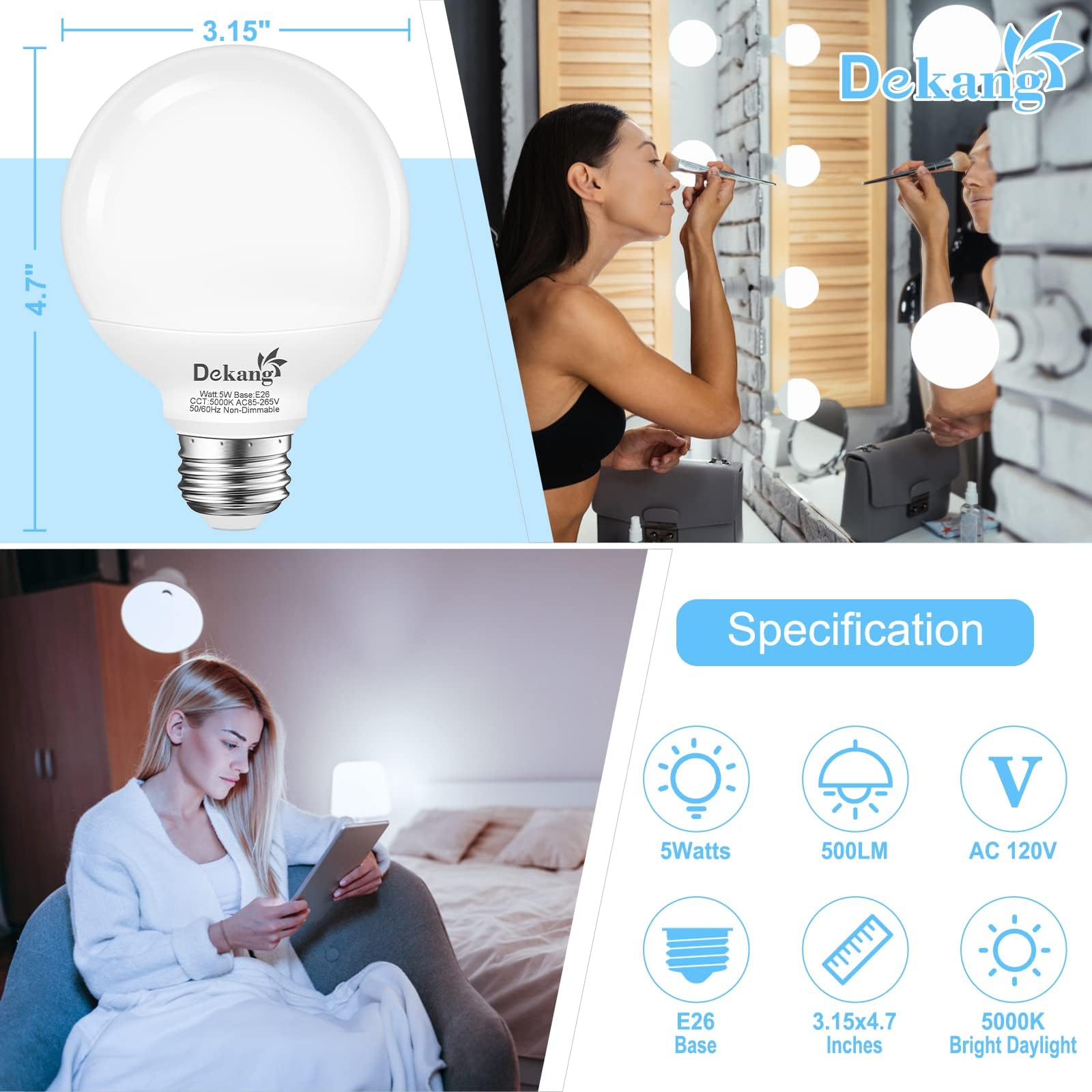 Dekang 12-Pack G25 Led Globe Bulbs 5000K Daylight White, E26 Base For Bathroom Vanity 60W Incandescent Equivalent, 5W Round Ligh