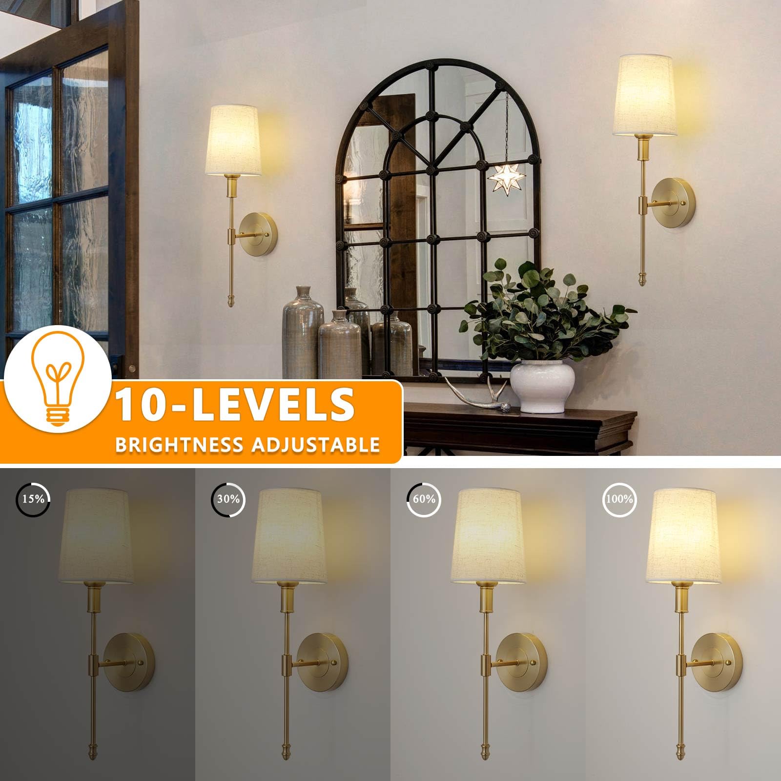 Hotran Battery Operated Wall Sconce Set Of Two,Gold Wireless Modern With Remote Control Rechargeable Dimmable Wall Lighting Indo