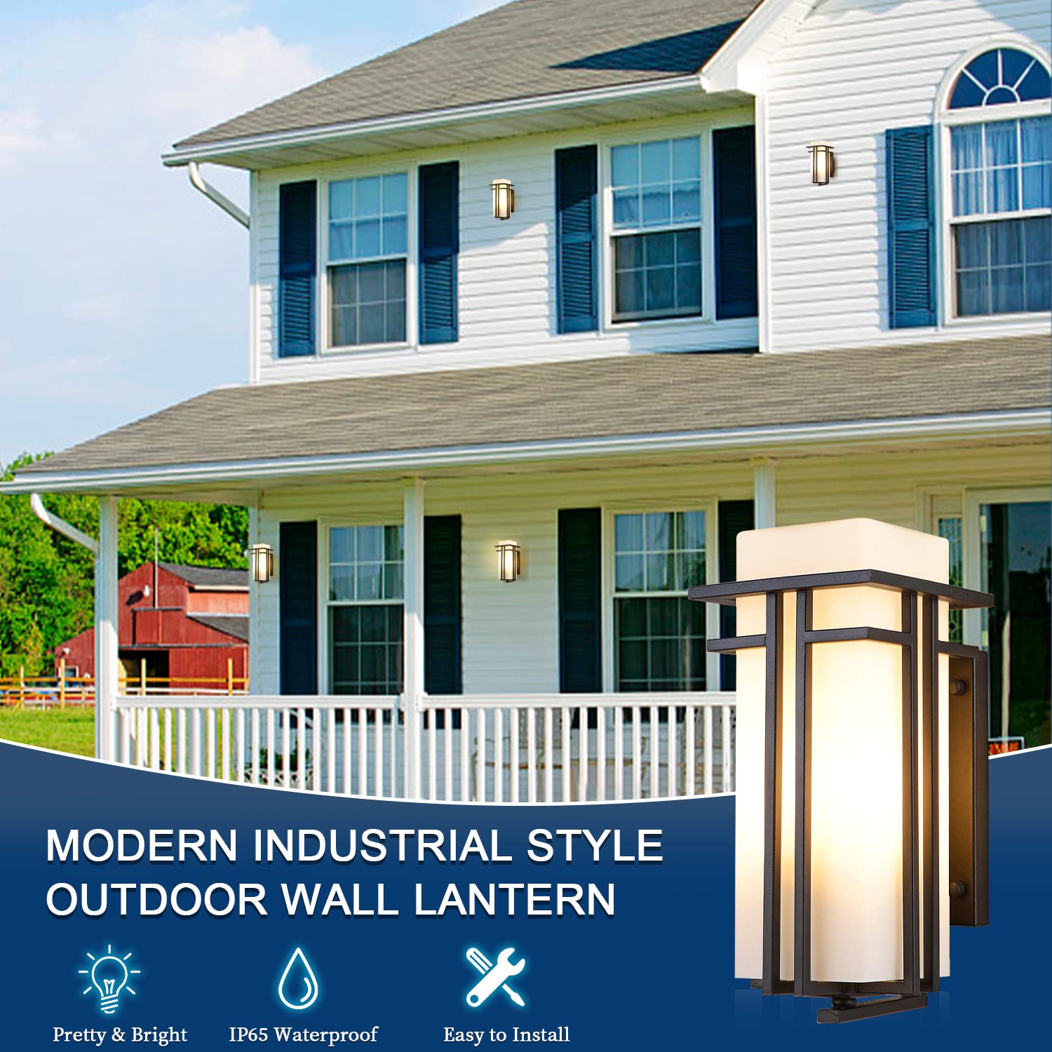 EERU Outdoor Wall Lantern - Waterproof Metal Fixture, 15.35" H x 6.7" W, Black, Frosted Glass - Ideal for Entryways, Yards, and Por