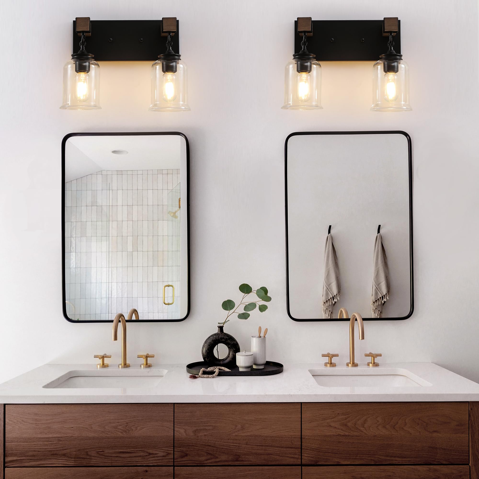 Farmhouse Bathroom Light Fixtures, 2 Light Matte Black Bathroom Vanity Light, Industrial Style with Clear Glass Shades, Lighting