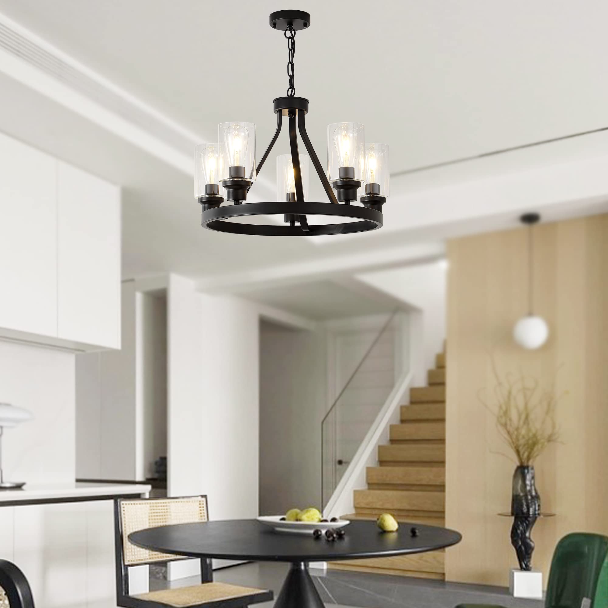 Sivilynus Farmhouse Chandelier Lighting Round 5 Lights Black With Glass Shade Ceiling Hanging Vintage Rustic Light Fixture For D