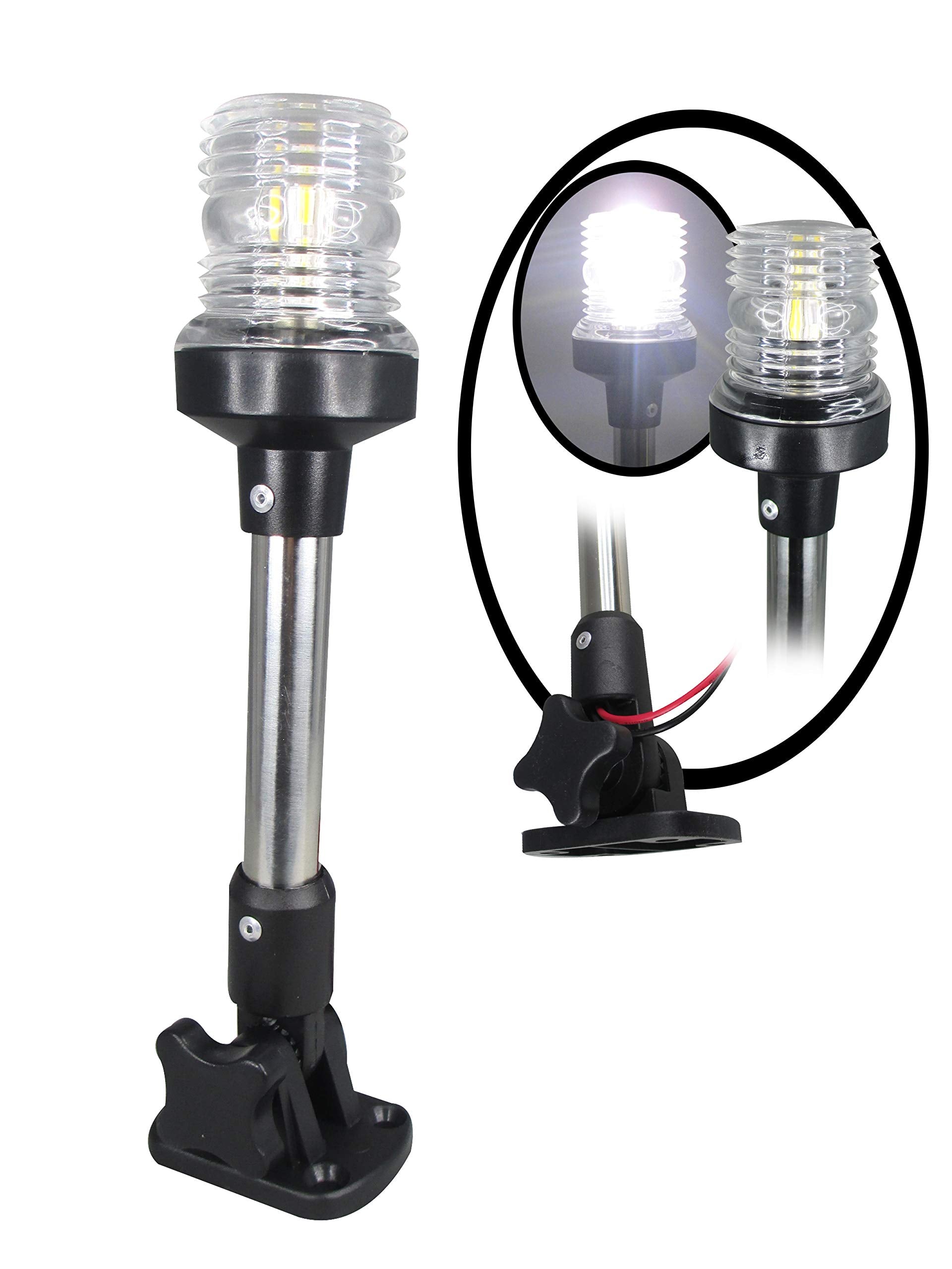 Pactrade Marine Navigation Anchor Light 12V 360° White LED Fold Down Base (H=9.75in) Black Housing USCG Certified