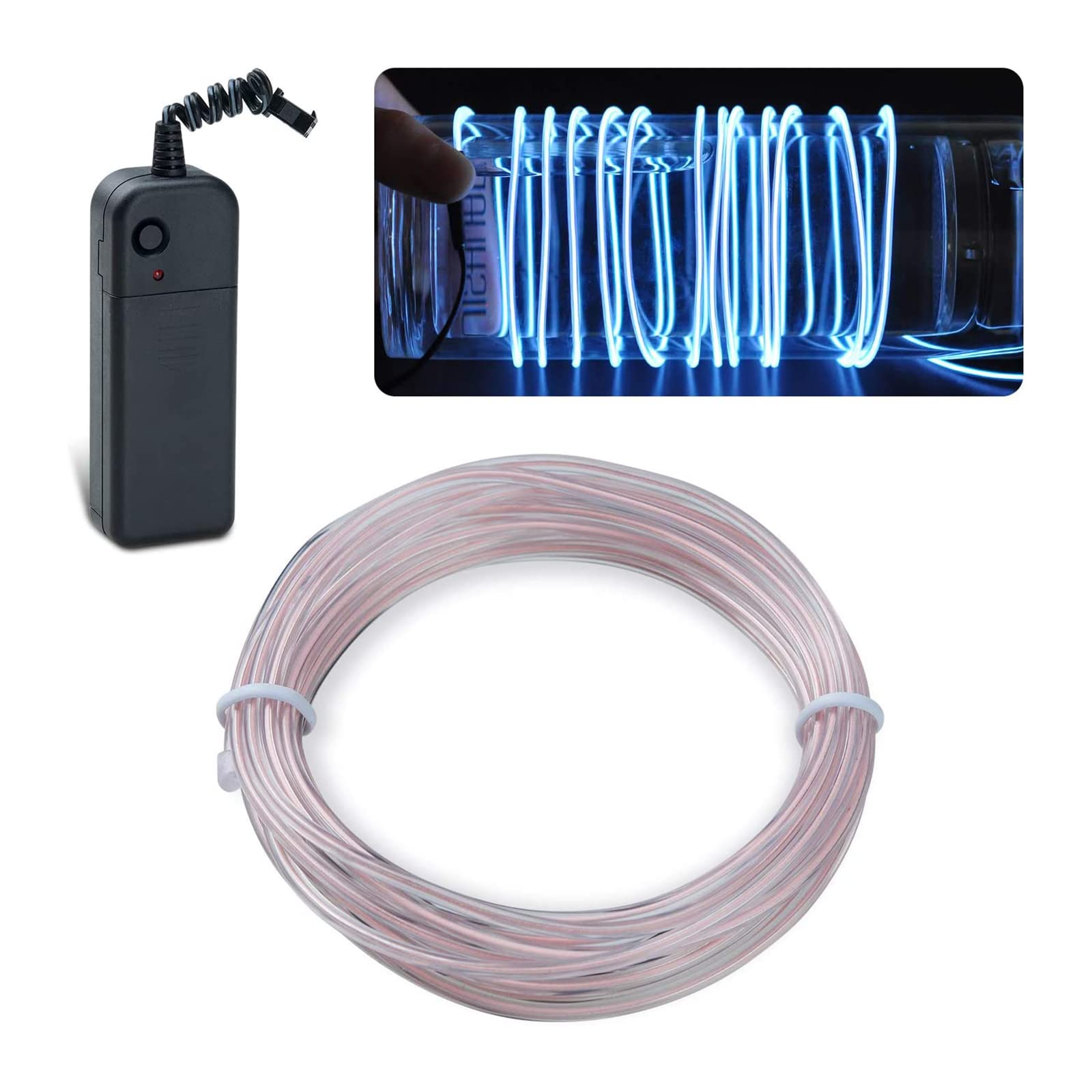 lychee EL Wire Neon Light, Strobing Electroluminescent, 9ft, White, Plastic, Model 011, Battery Pack for Parties & Decorations
