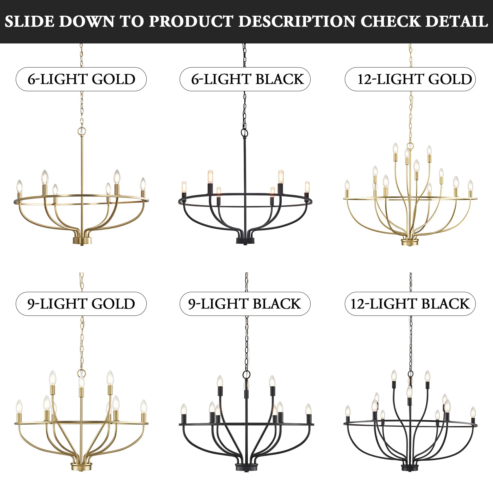 Fookchak 9-Light Black Chandelier Light Fixture Classic Candle Chandelier Lighting Over Table For Dining Room Living Room Bedroom Foyer Kitchen Island, 28.54In, E12
