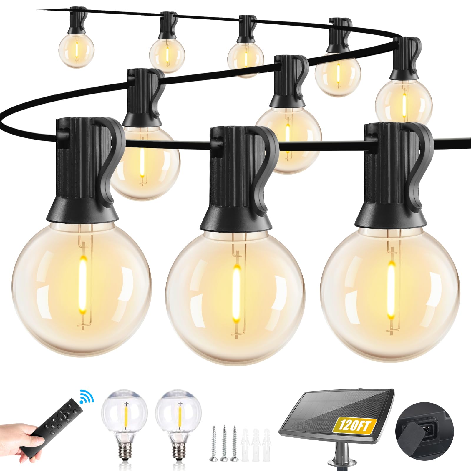 Yusist 120FT Solar String Lights Outdoor Waterproof with Remote, G40 Solar Powered String Lights with 40+2 LED Shatterproof Bulb