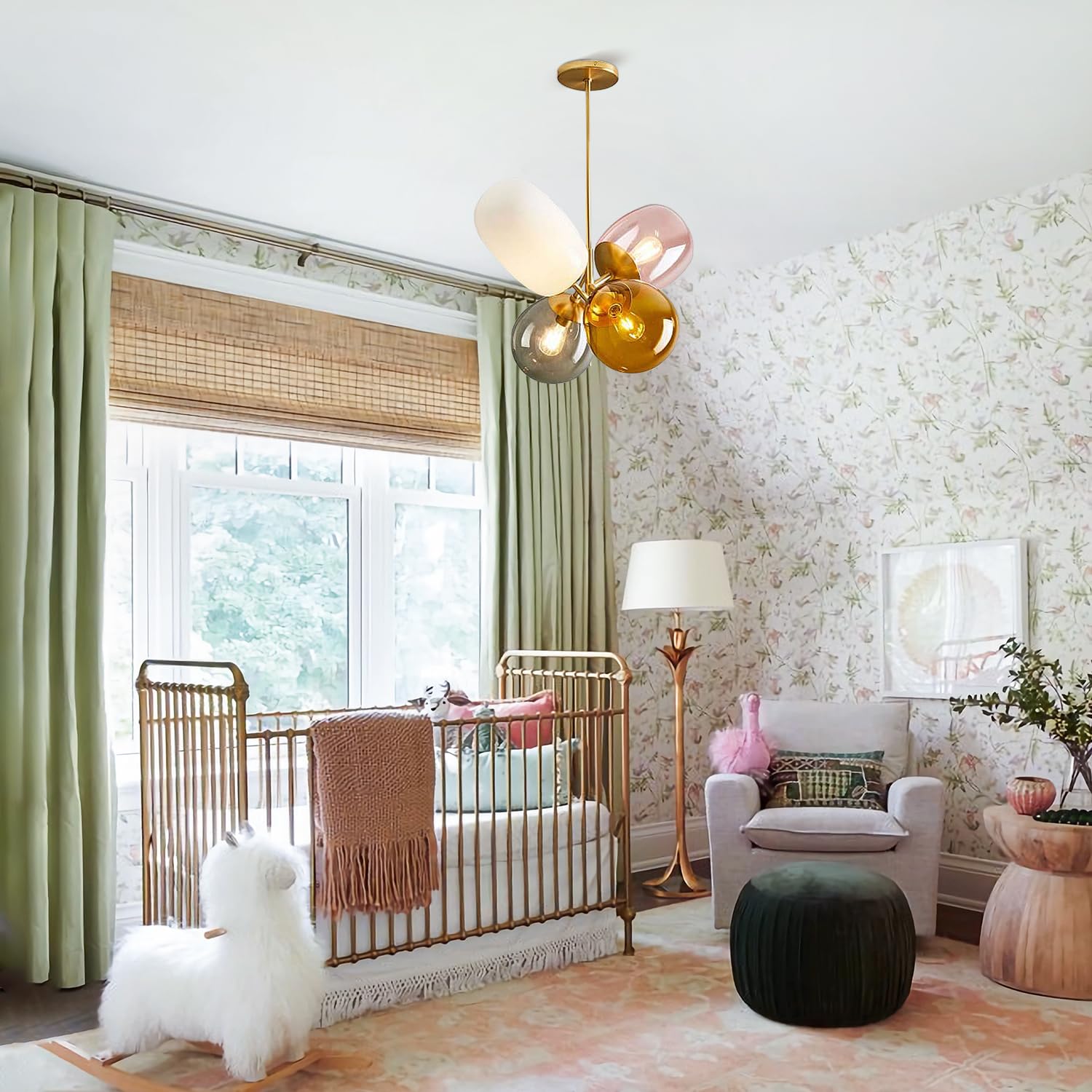 KCO Modern Colorful Pendant Light, Stained Glass Gold Globe Chandelier, Model L1088, Ideal for Kitchen Island & Kids Room