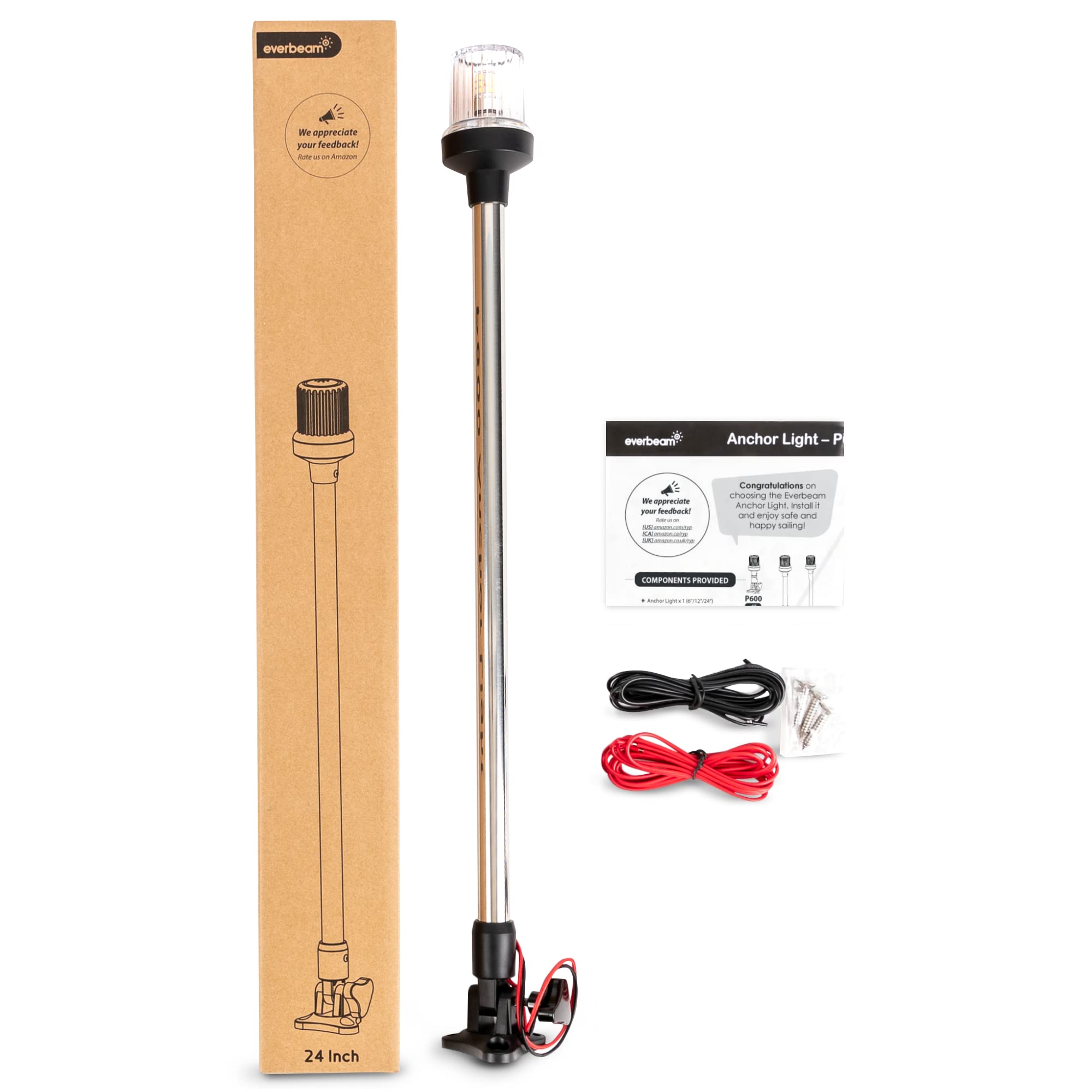 Everbeam P800 Adjustable Stainless Steel Anchor Light - 360° Visibility, 3 Nautical Miles, Weatherproof, Black