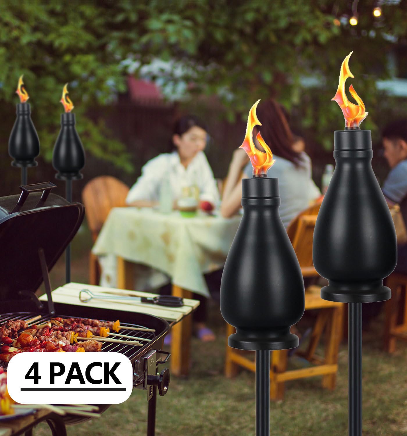 Tewei 4 Pack Black Metal Citronella Torches - 60 Inch Garden Outdoor Patio Lights