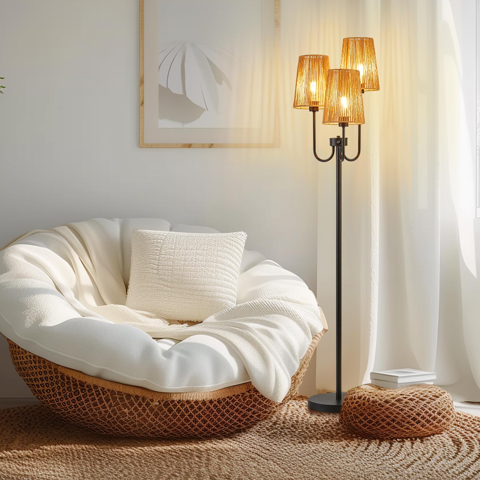 Roriano Boho Floor Lamp For Living Room, 3-Light Rotary Switch Farmhouse Standing Bedroom Lamp With Rattan Shade, Tall Floor Lam