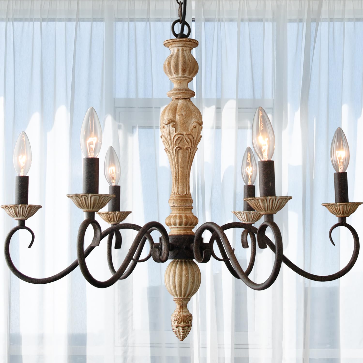 Cawabien French Country Chandelier-Farmhouse Chandeliers For Dining Room 6 Lights Fixture Rust Imitation Wood Finish For Living 