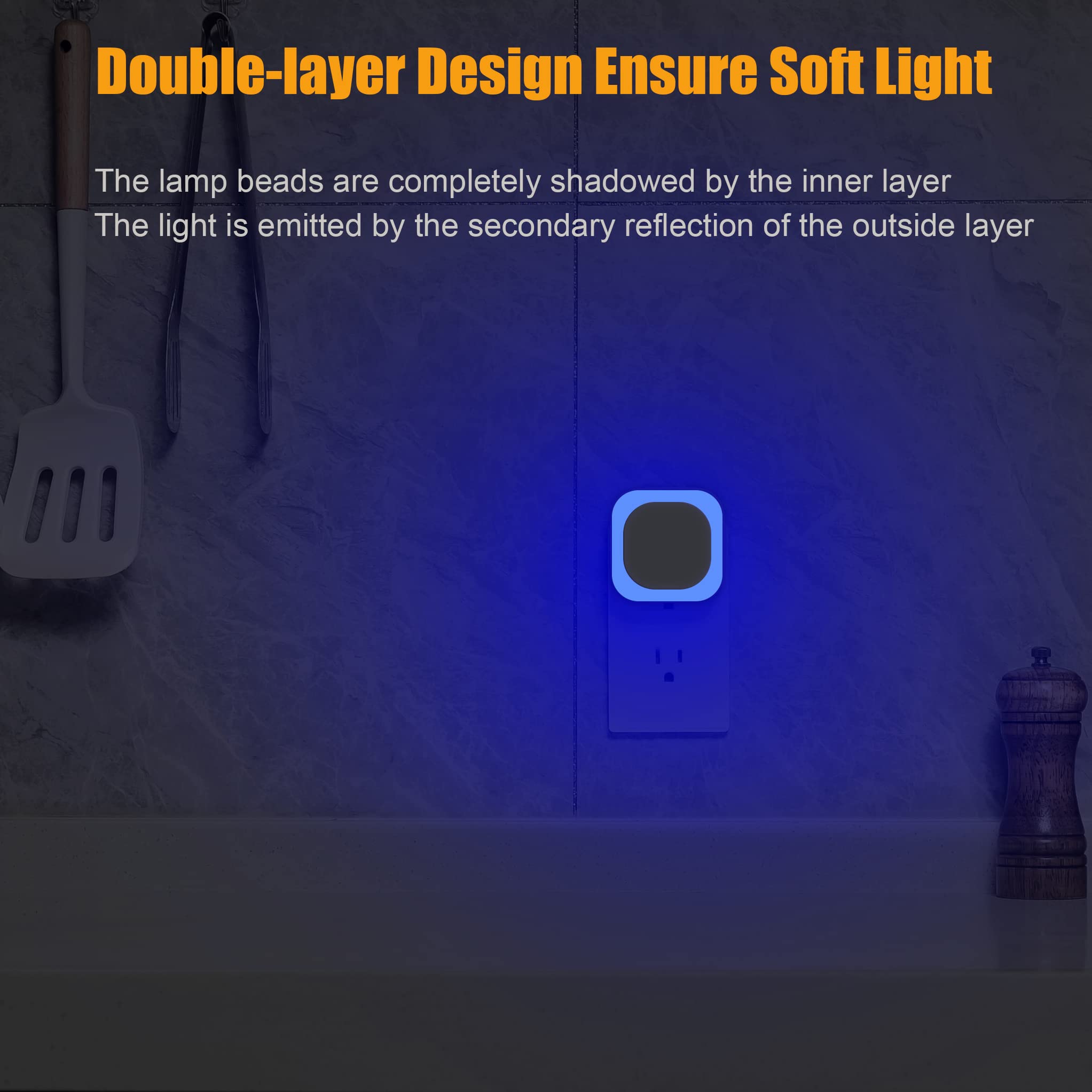 Yunlex 2 Pack Plug In Dimmable Night Light, Square Nightlight, Auto Dusk To Dawn Sensor, Led Wall Night Light, Soft Glow, Blue Night Light For Bathroom, Hallway, Stairs, Kitchen, Bedroom