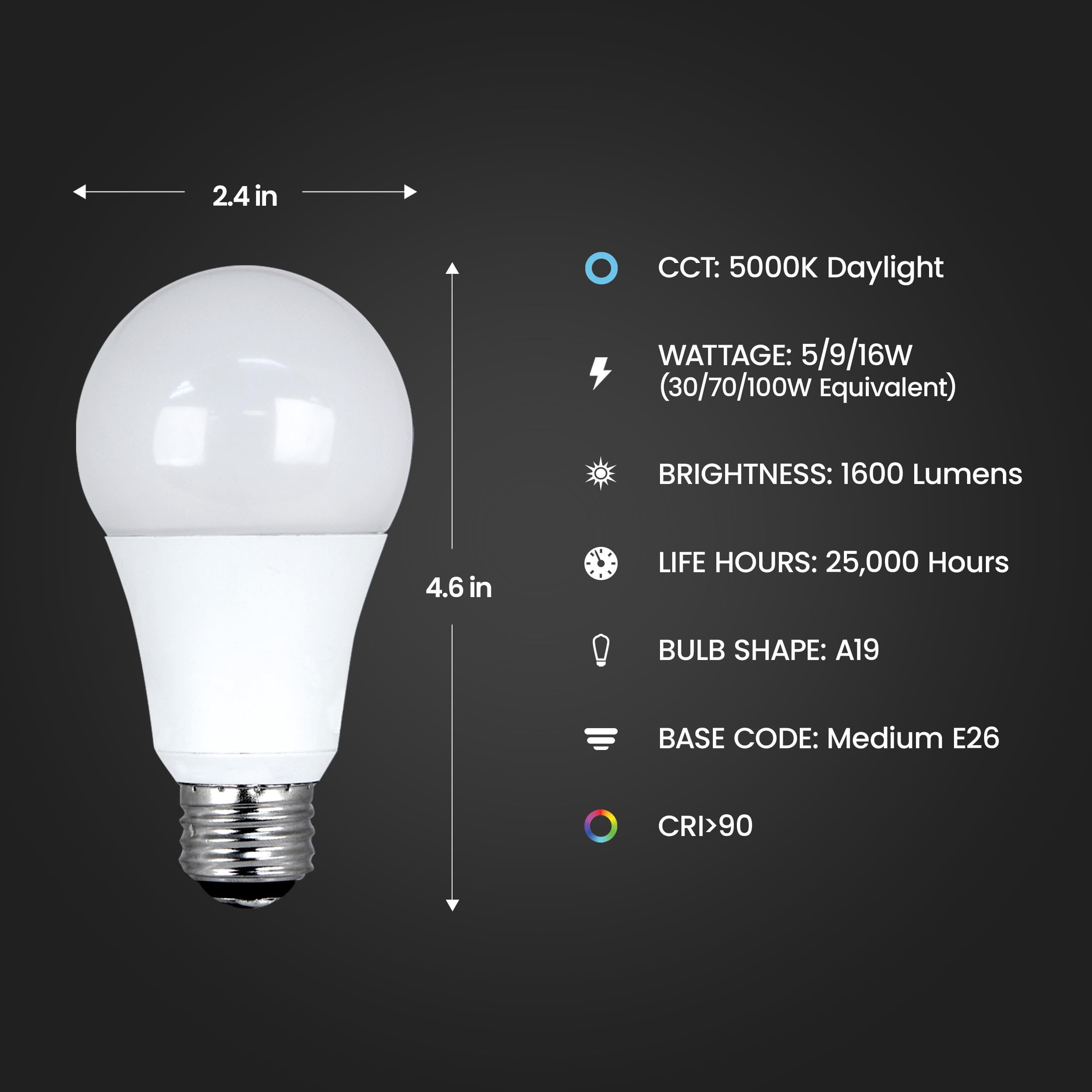 Feit Electric A19 Led Light Bulb, 3-Way Adjustable Wattage 30/70/100W Equivalent, E26 Base, Non-Dimmable, 1600 Lumen, 5000K Dayl