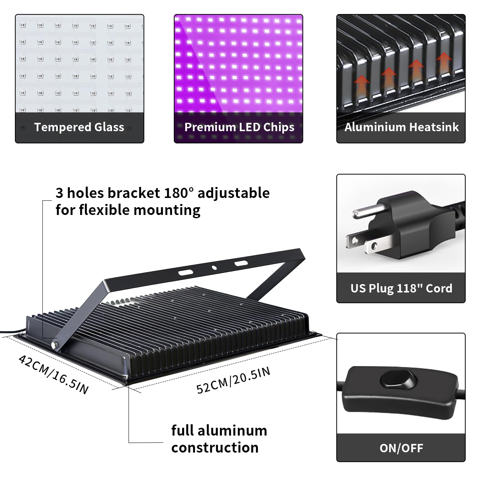 Yayit 500W Waterproof Blacklight Flood Light With 10Ft Cord+Switch, Aluminum Shell, Ip66 Outdoor Led Black Lights For Large Space, Glow Party, Halloween, Stage, Aquarium, Poster, Body Paint, 2 Pack