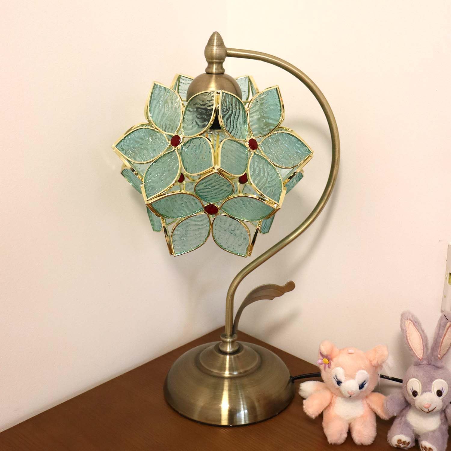 Bieye L10932 Tiffany Style Stained Glass Flower Petal Table Lamp With Brass Base For Home D  Cor (Light Blue, 8'' Apple Blossom)