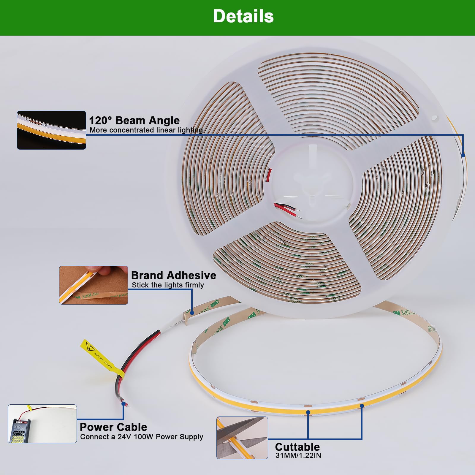 Joylit 24V 32.8Ft/10M Cob Led Strip Lights 120 2700K Warm White Indoor 384Leds/M High Density 7650Lm Super Bright Cri 90+ Dotles