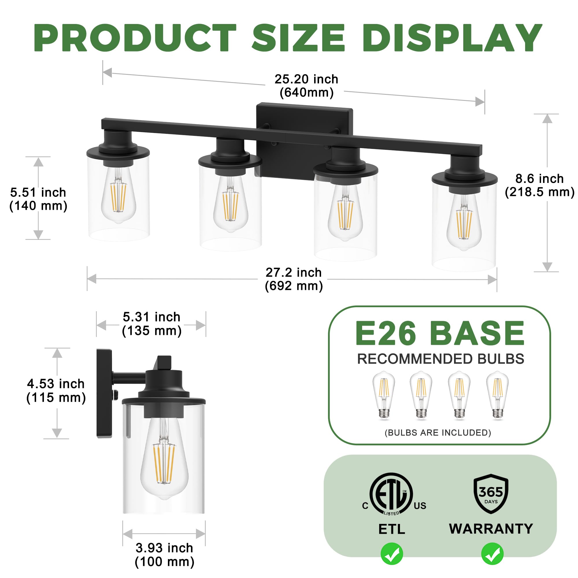Doresshop Bathroom Light Fixtures  4-Light Black Bathroom Lighting Fixtures Over Mirror With Glass Shade  Modern Vanity Lights For Hallway Bedroom  Includes Bulbs