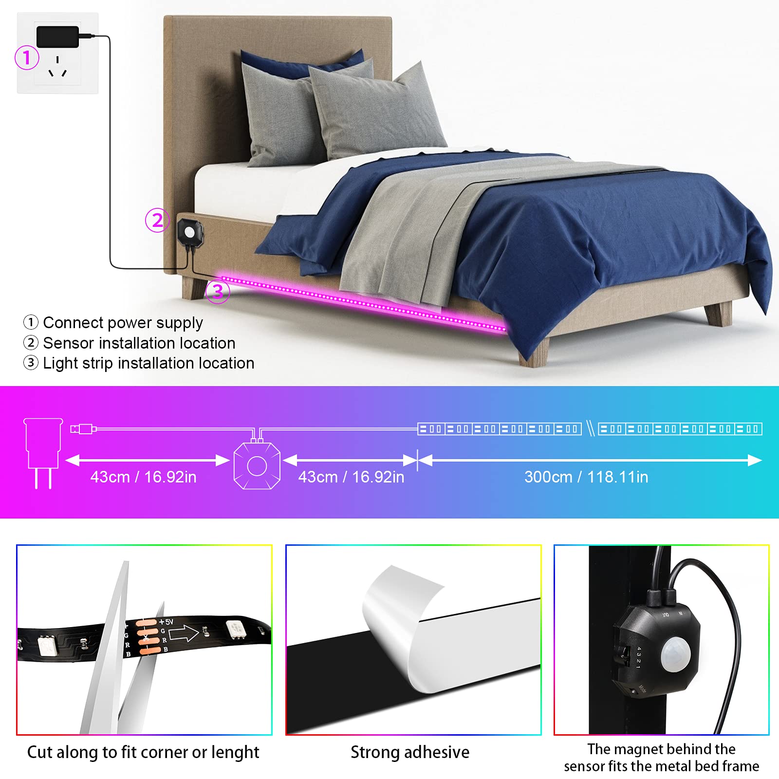 Meiyue Motion Sensor LED Under Bed Lights, 2 Set 9.84ft, App Control, RGB Color Changing, for Bedroom and Stairs