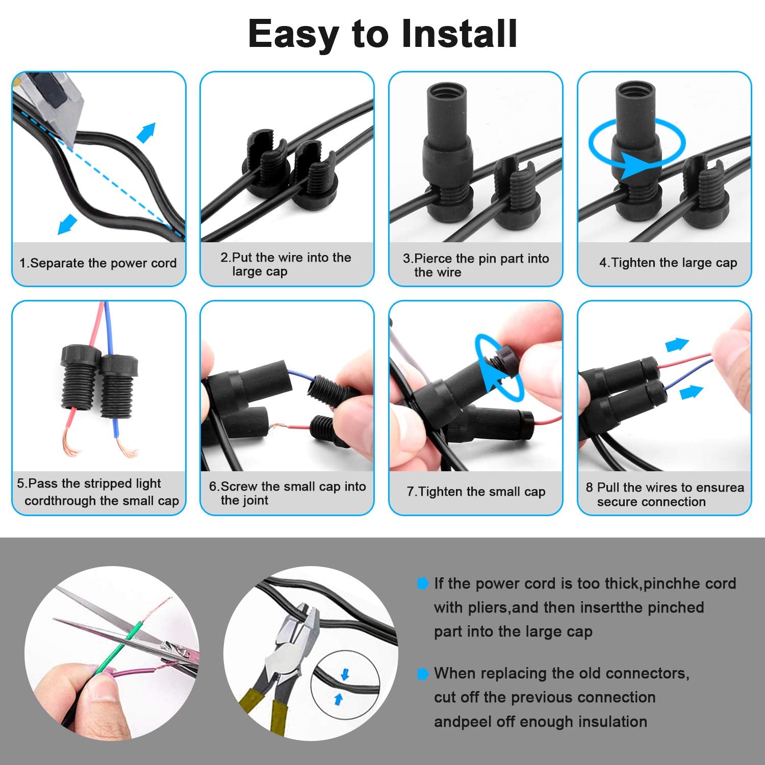 Fntek Low Voltage Landscape Light Wire Connectors, 50 Pack, 14-20 Gauge, Plastic, Black, Model FT-LS00