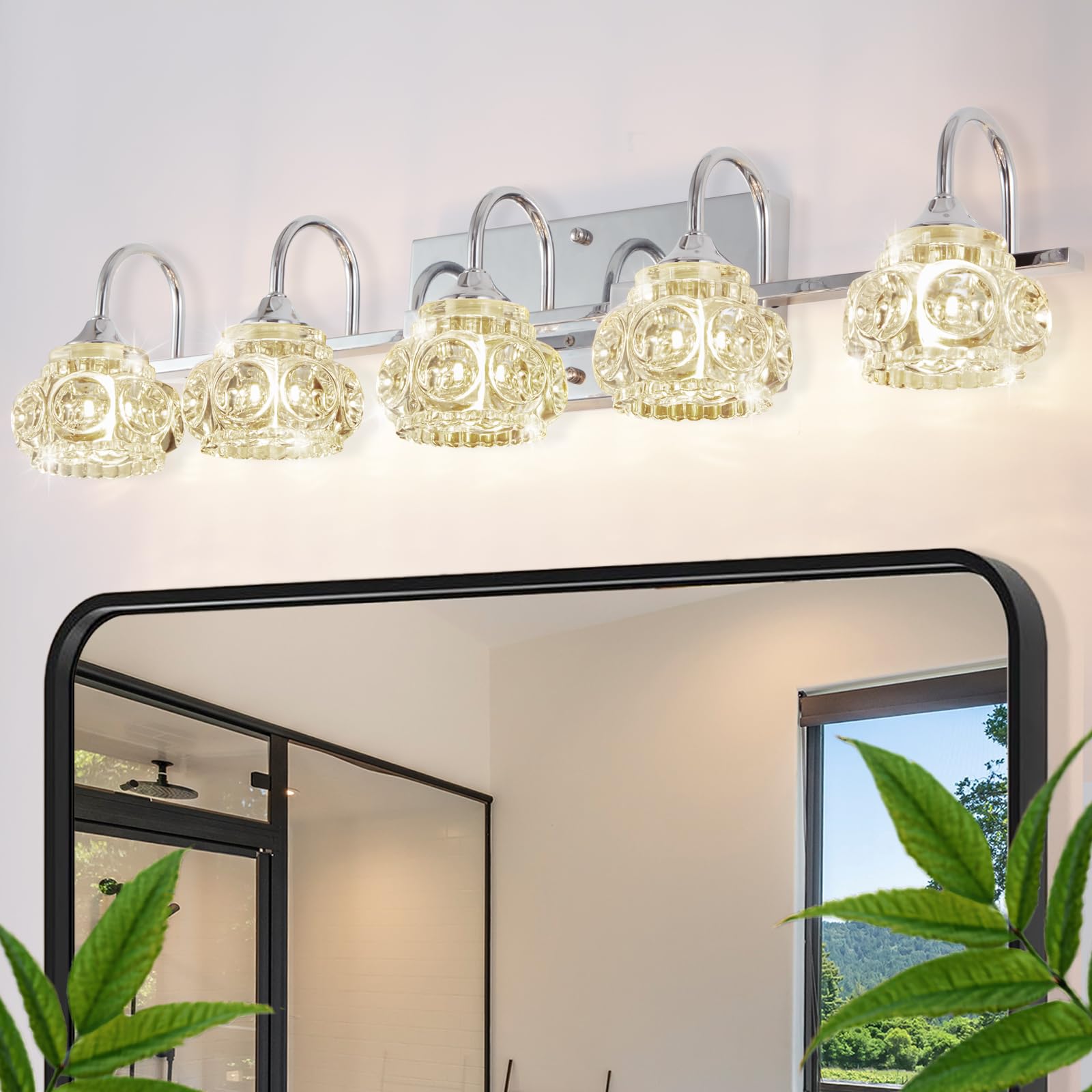 Dikaida 5-Light Bathroom Light Fixtures, Nickel Vanity Lights With Crystal Glass Shade, Polished Chrome Bathroom Lights Over Mir