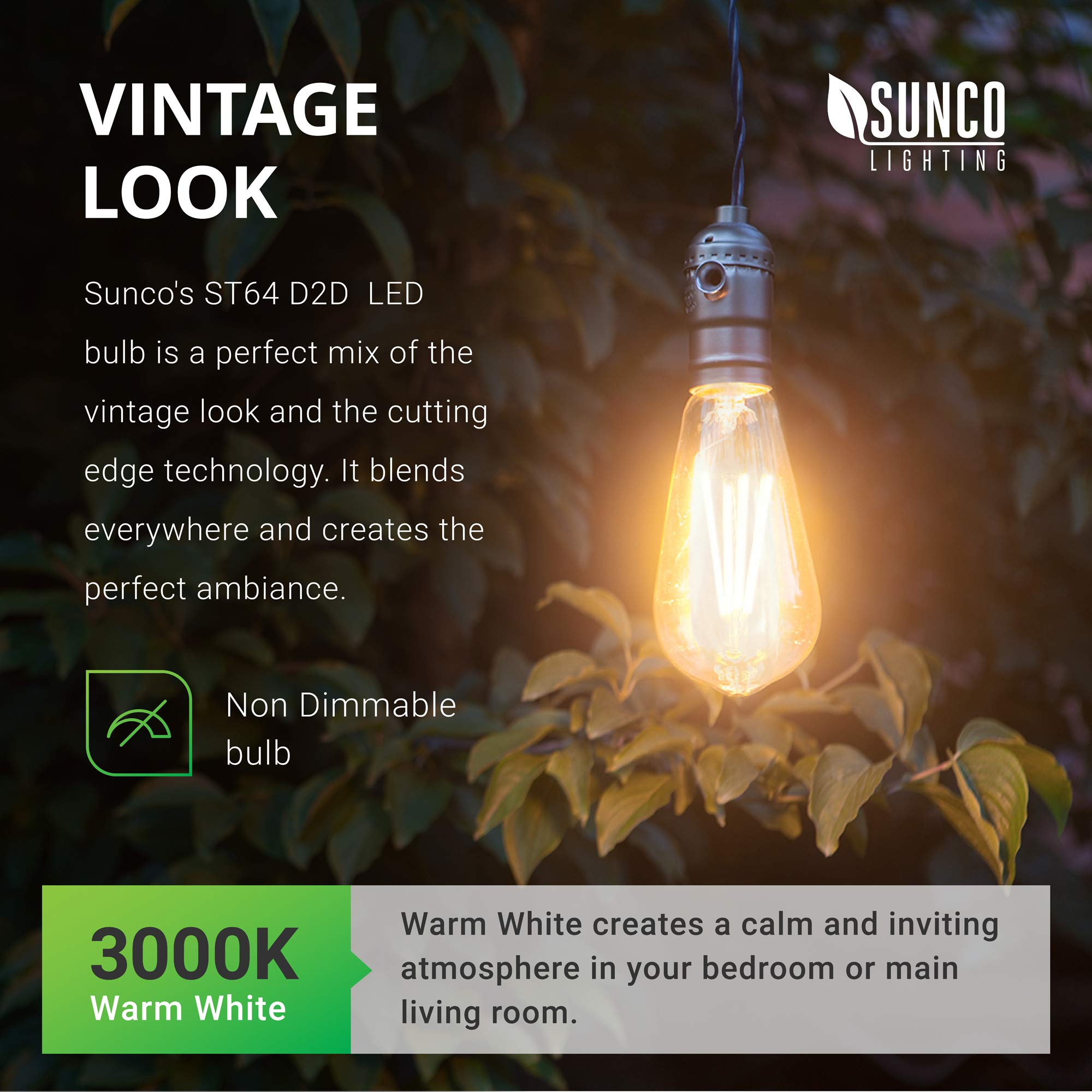 Sunco Lighting LED Dusk to Dawn Bulbs, 3000K Warm White, 7W Equivalent, ST64, E26 Base, 800 LM, 6 Pack